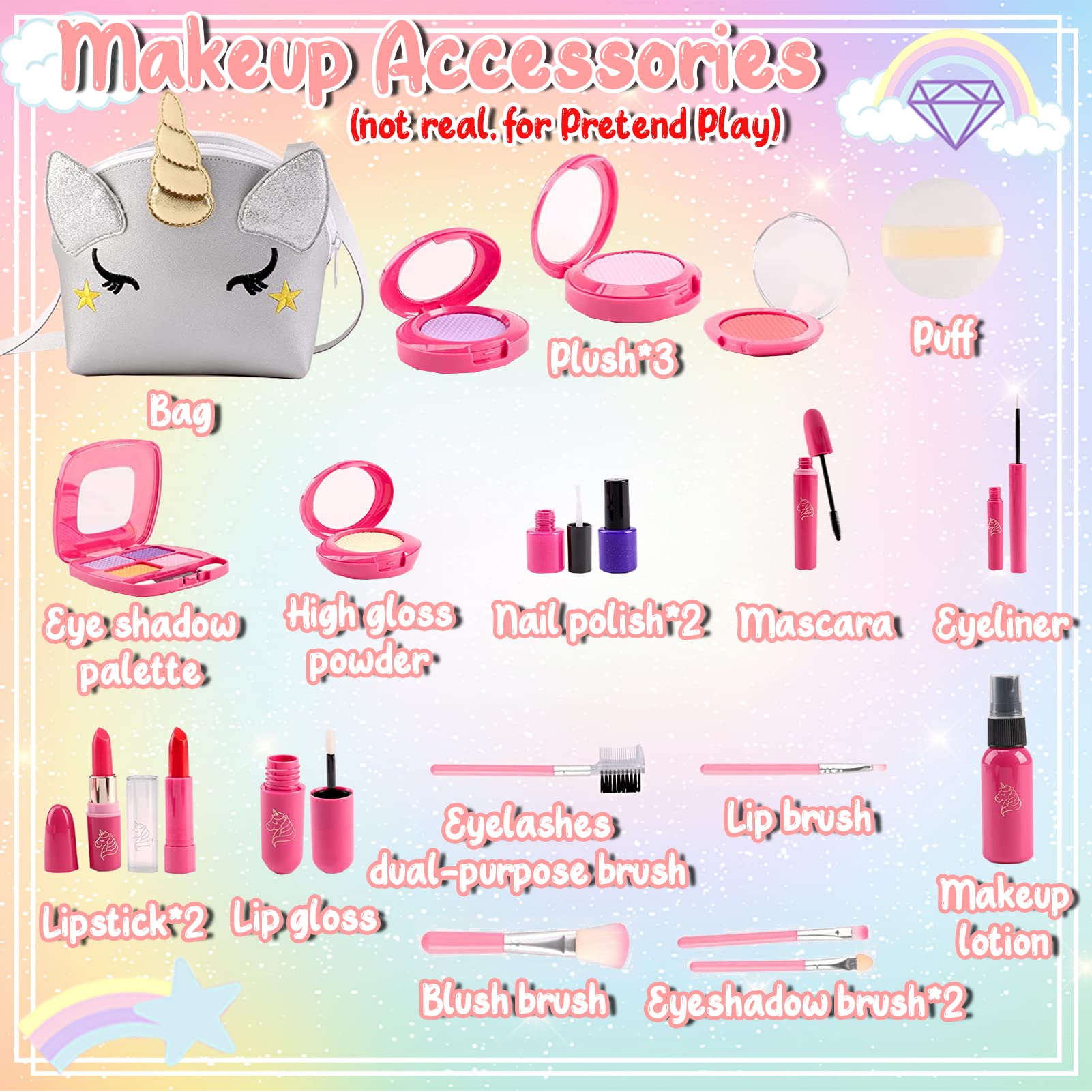 STAY GENT Trucchi Finti Set Parrucchiera Bambina con Argento Unicorno Borsa Valigetta, Regali per Ragazze 3-12 Anni, 20 Pezzi