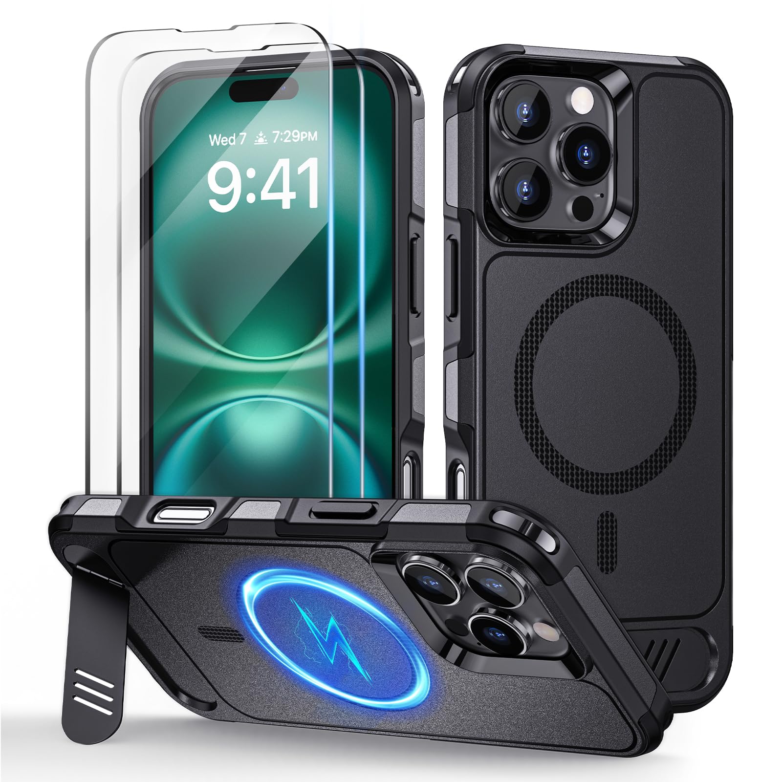 Lanhiem Magnetic for iPhone 16 Pro Case with Stand, 2 Pack Tempered Glass Screen Protectors, Military Grade Drop Protection Adjustable Kickstand Slim