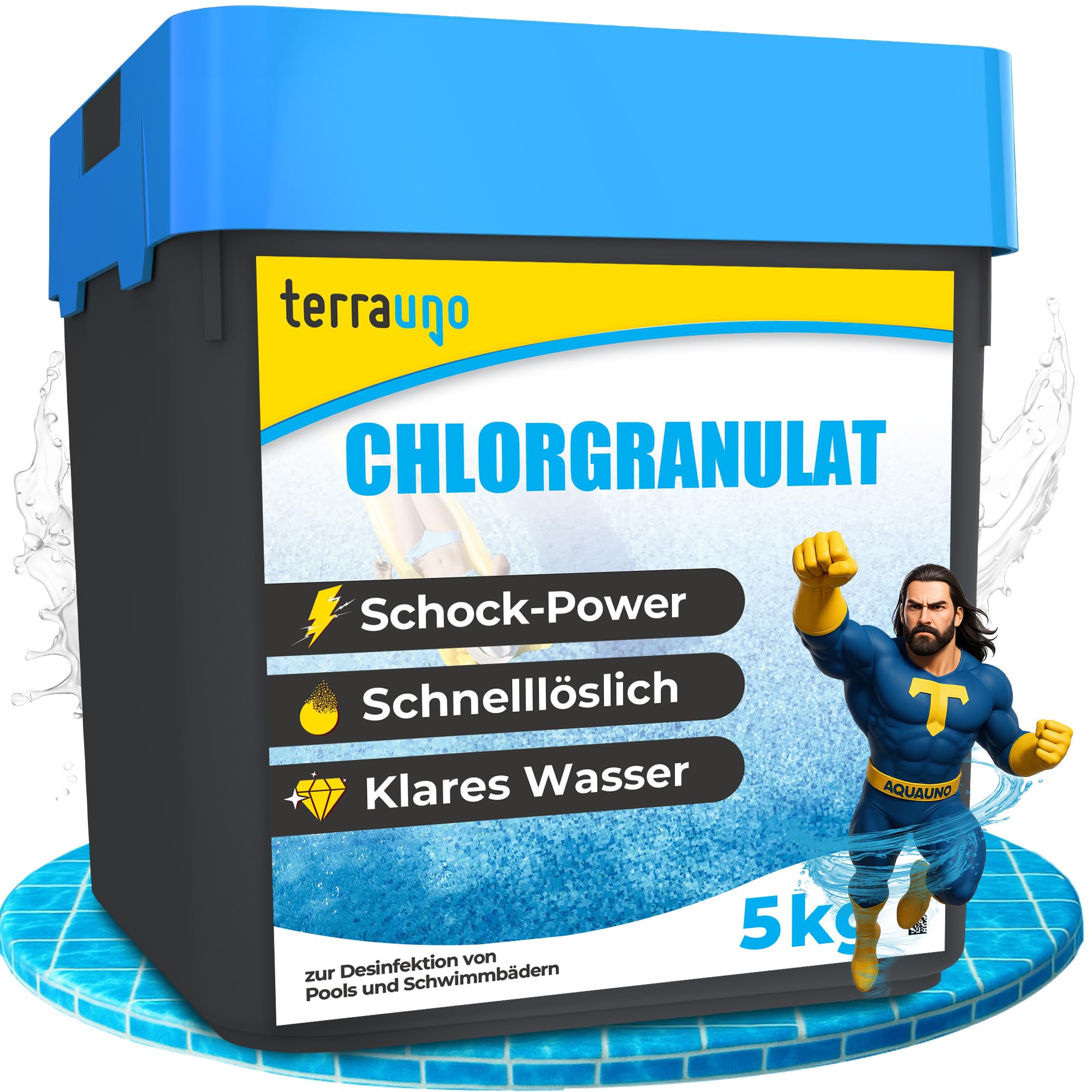 TerraUno Chlorgranulat für Pool, zur Schockchlorung, Stoßchlorung & Dauerchlorung, schnelllöslich 5Kg, Chlor Granulat für kristallklares & hygienisches Poolwasser