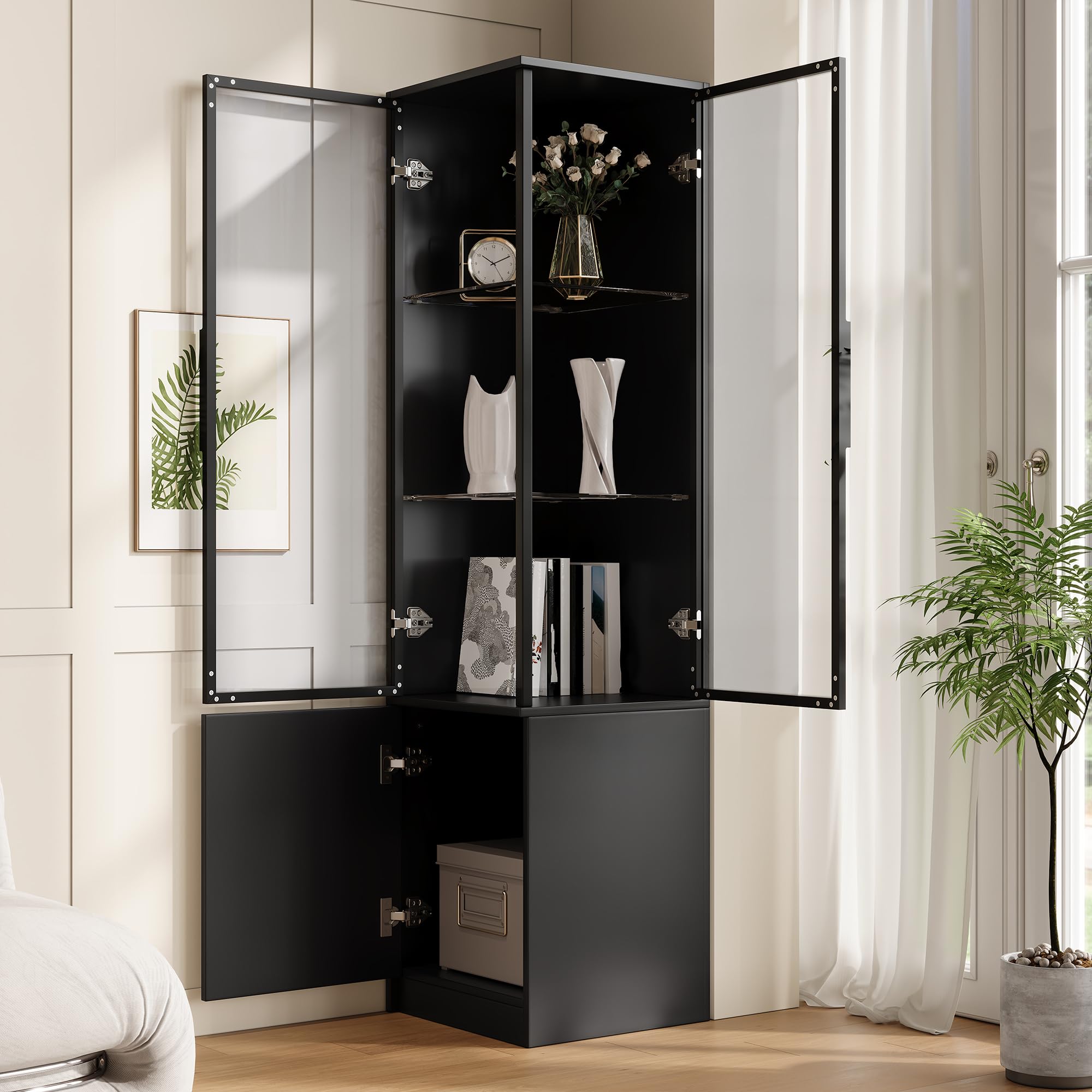 Shye Armario de salón de PB, armario de cristal, armario esquinero, vitrina, puertas de vidrio templado con marco de aluminio, estantes de cristal, color negro