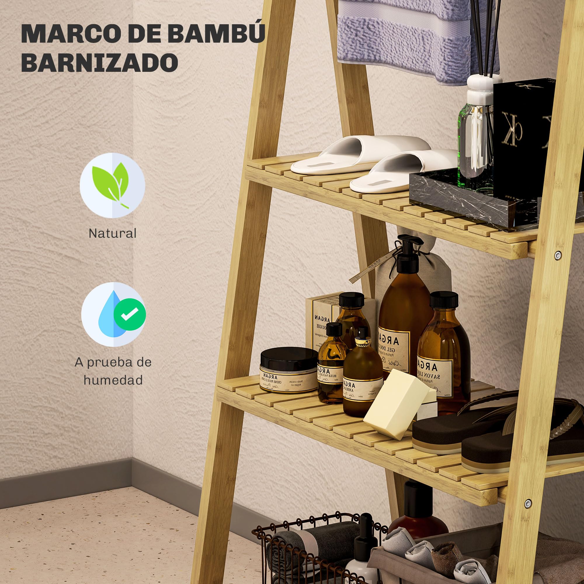 HOMCOM Estantería de Baño de Bambú con 3 Estantes 53,5x30x153 cm Natural | Estantería de Almacenaje, Plegable, con Barras, en Forma de A