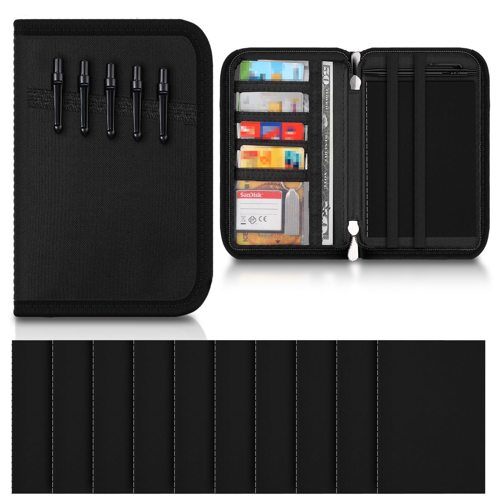 Ctosree 10 Pcs Pocket Notebook with 5 Black Pens and 1 Notes Cover 3.5 x 5.1in with Zipper Waxed Canvas Cover Water Resistant Pocket Notebook Set for Everyday Carry(Black)