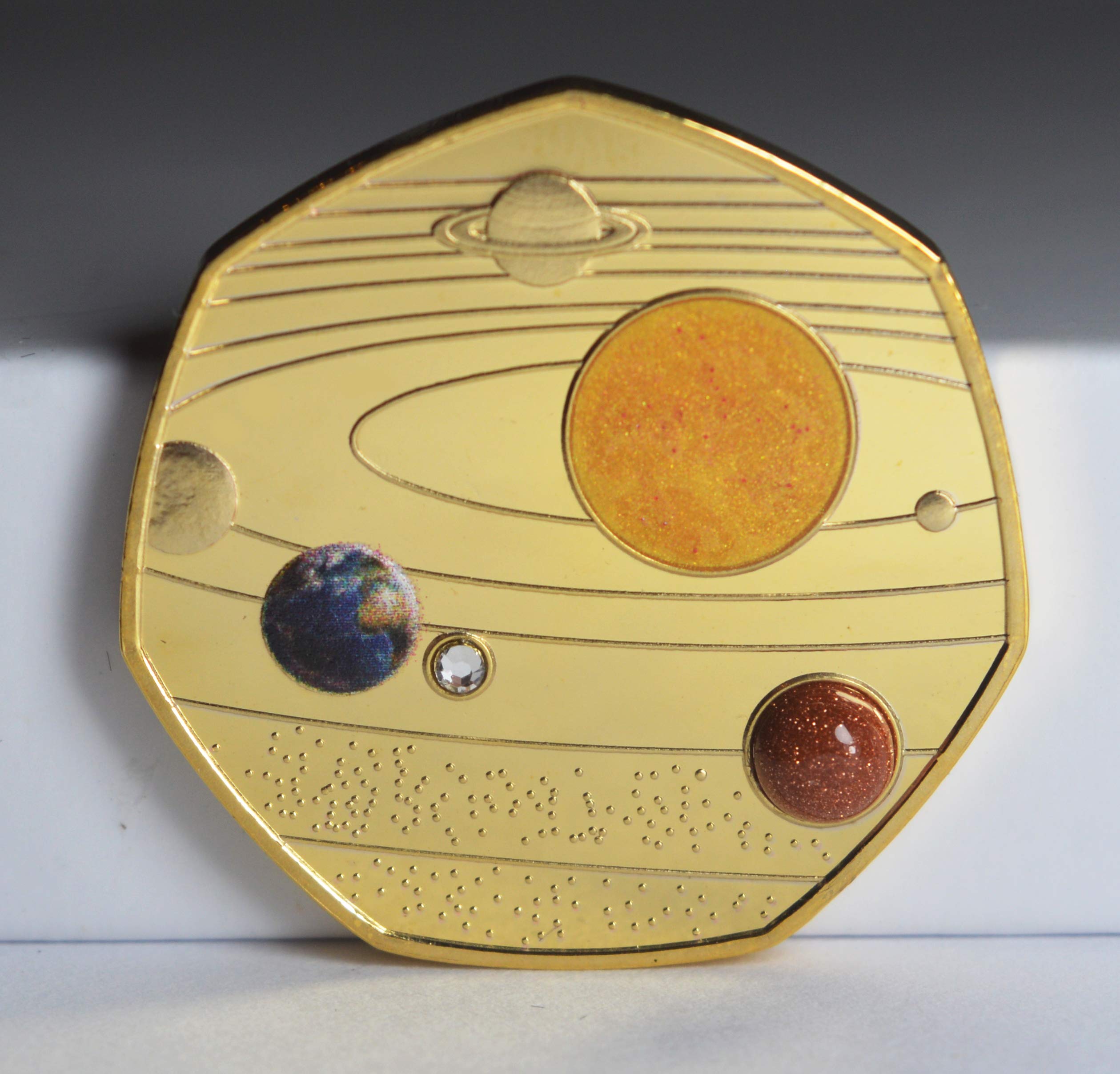 The Commemorative Coin Company OUR SOLAR SYSTEM 24ct Gold Commemorative with Colour, Gemstone and Crystal. Planets/Stars/Sun/Moon Space/Universe Earth/Venus/Mars