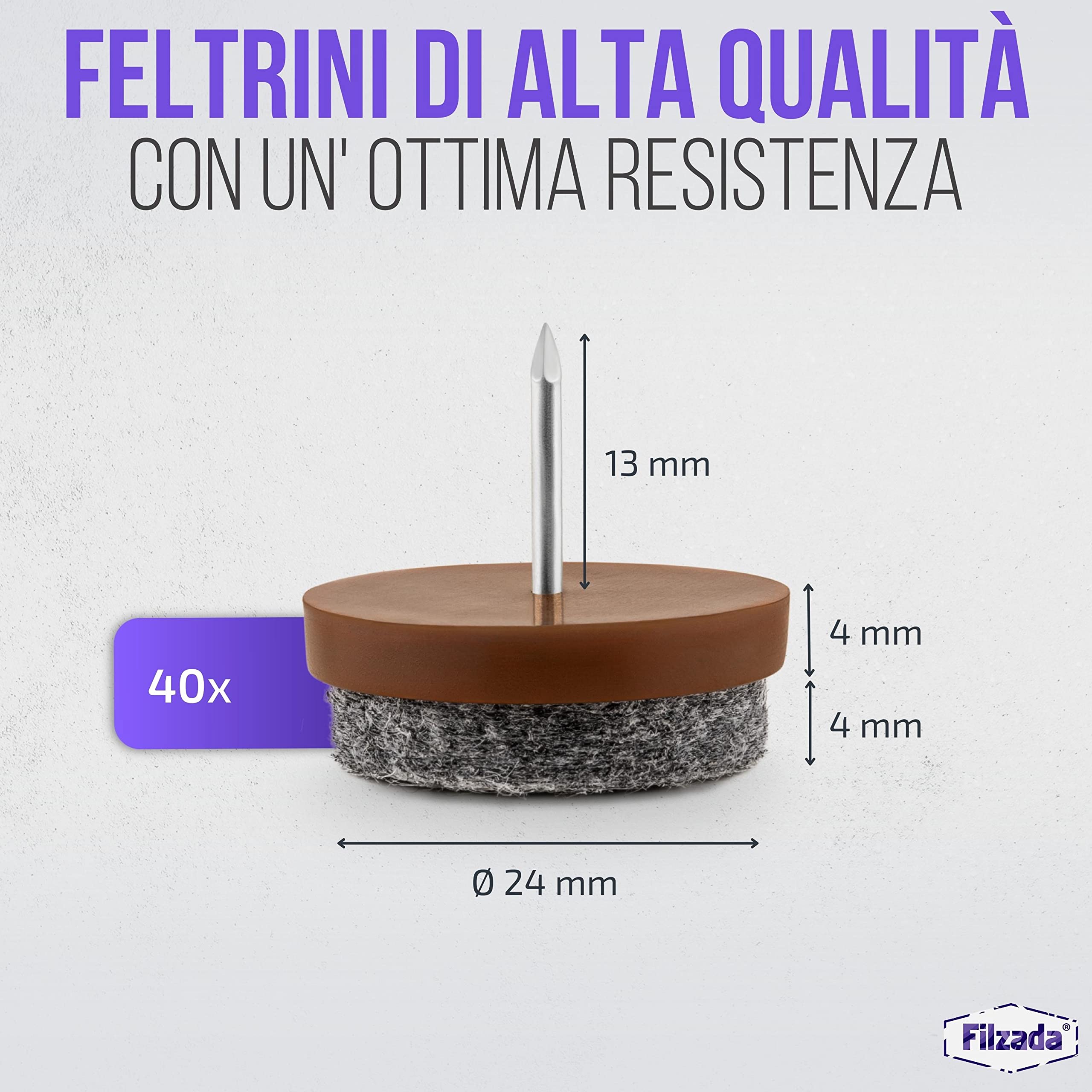 Filzada® 40x Feltro aliante con chiodo - Ø 24 mm (marrone) - Scivoli per mobili professionali/scivoli per sedie in feltro da inchiodare