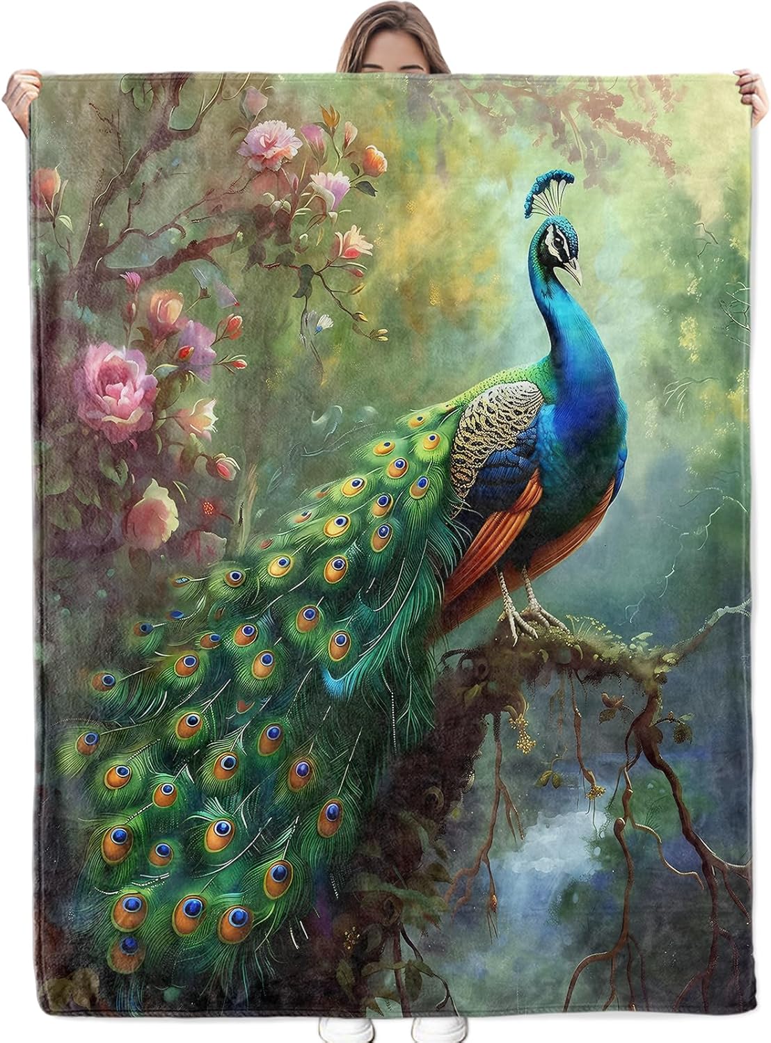 Graceful Peacock Blanket Cozy Soft Flannel Throw Blanket - Lightweight & Warm Blankets with Lush Roses - for Couch, Bed, Travel, Fuzzy Outdoor Comfort Wrap, for Women Adults Kids 60"×50"