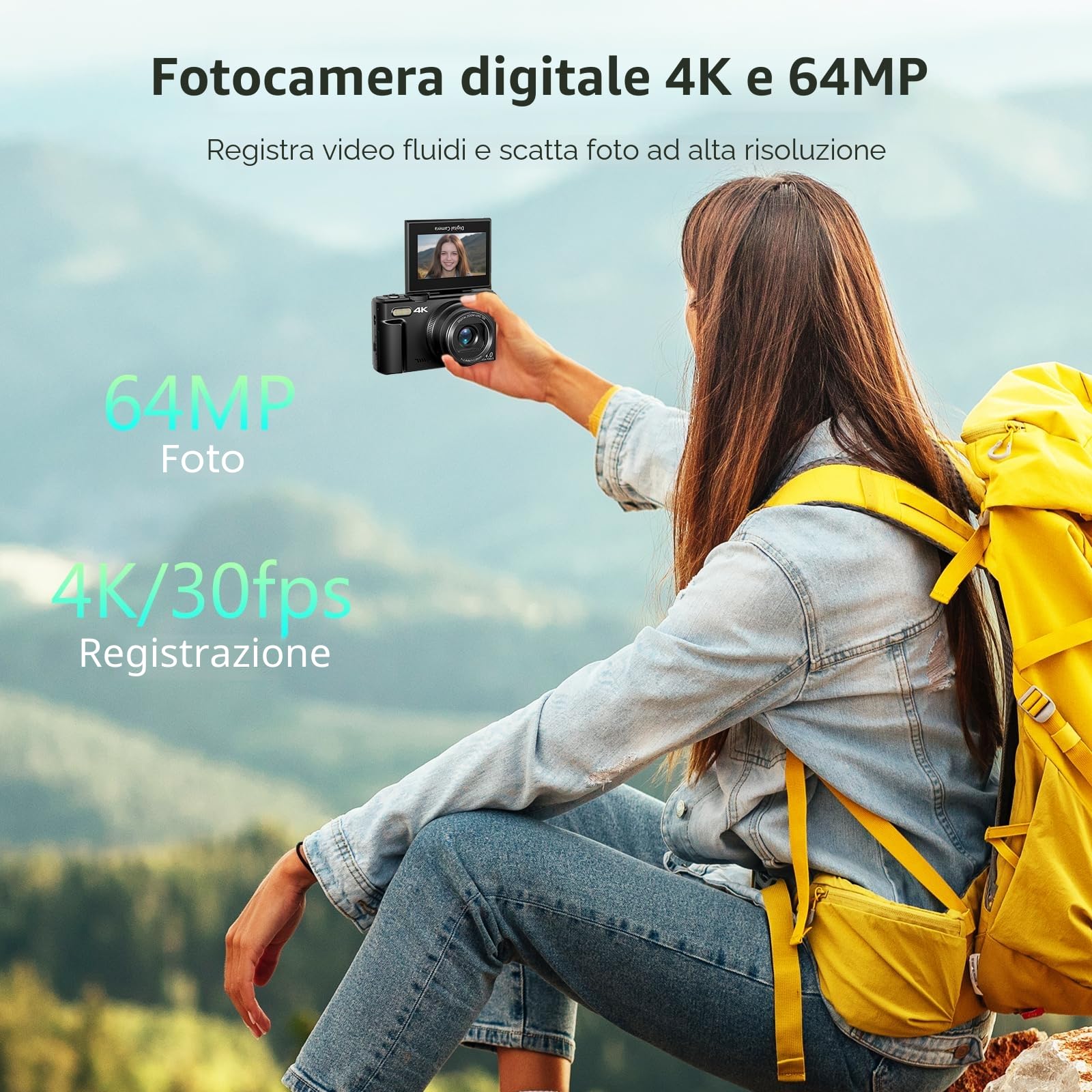 Fotocamera Digitale 4K VJIANGER per Fotografia e Vlogging, 64 MP con Schermo Flip 180° da 3 Pollici (7,6 cm), Zoom Digitale 18X e Flash, WiFi, 32 GB Micro SD