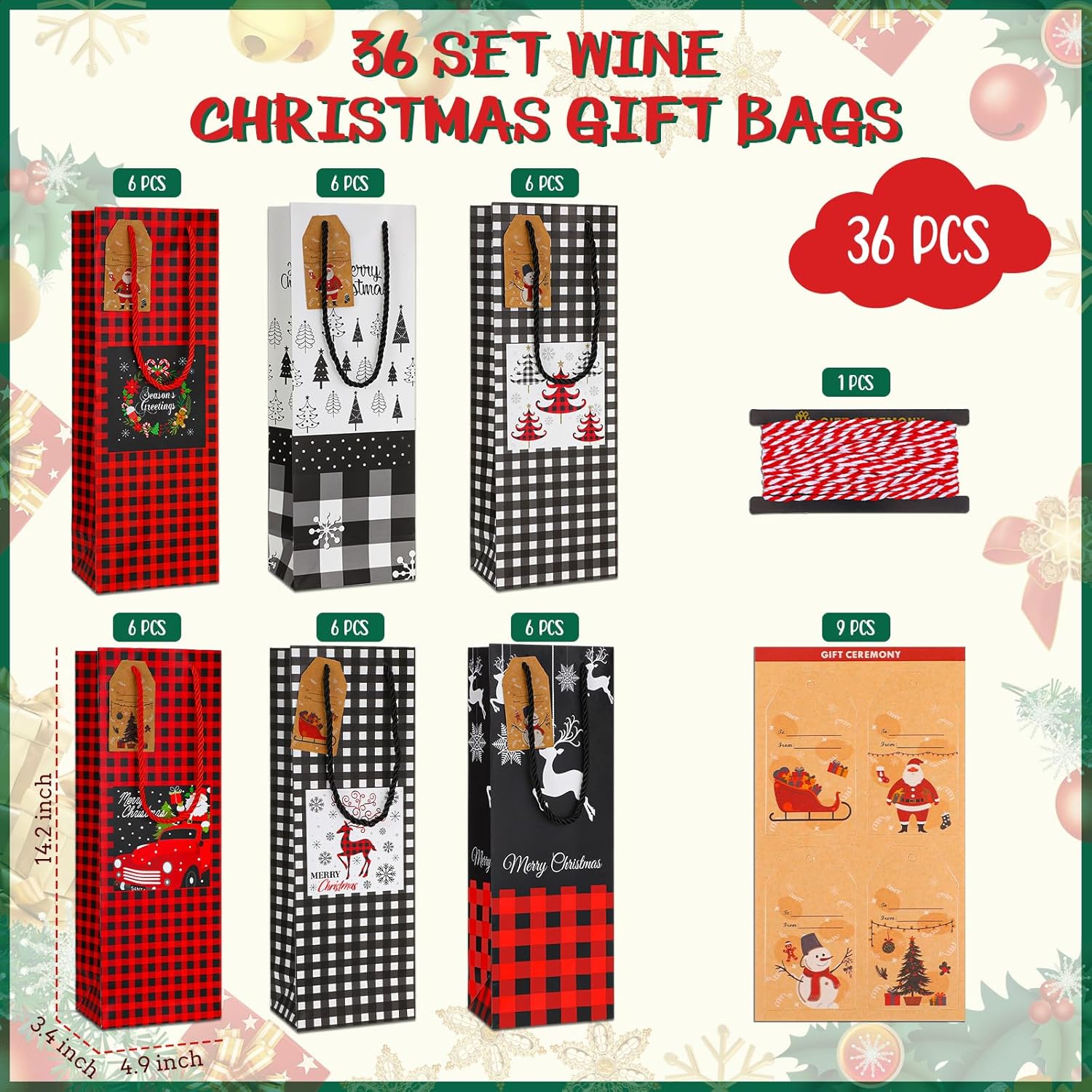 Zhengmy 36 Pcs Christmas Wine Gift Bags for Wine Bottles Wrap Bags with Handle Name Tags Bulk for Christmas Wrapping Wedding Holiday Birthday Party(Plaid Style) - Image 3