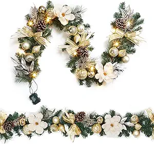 6 Ft Prelit Pine Christmas Garland with Gold Accents & Pinecones, 20 LED Lights