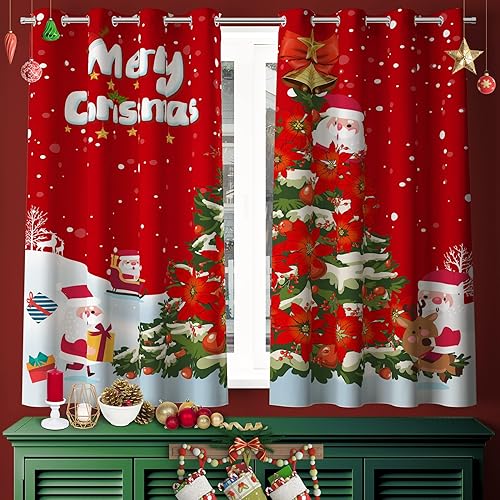 Cortinas navideñas de Papá Noel para sala de estar, 52 x 84 pulgadas, 2 paneles con ojales, decoración de tela impresa, cortinas opacas con