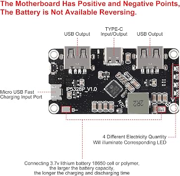 DORHEA IP5328P Boost Charging Module Dual USB 18650 Battery Fast Charger Treasure Tpye-c 3.7V to 5V 9V 12V Step up Fast Quick Charger Circuit Board QC2.0 QC3.0 Mobile Power Main Board