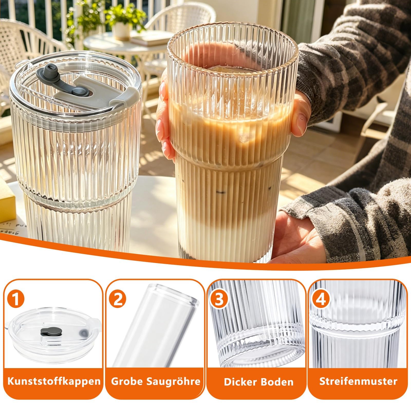 Tazze di vetro a righe, 2 parti, tazze di vetro, bicchiere da bere, bicchiere da long drink, bicchiere rigato con coperchio e cannuccia, bicchiere da 600 ml per smoothie, tazza di vetro, con spazzola