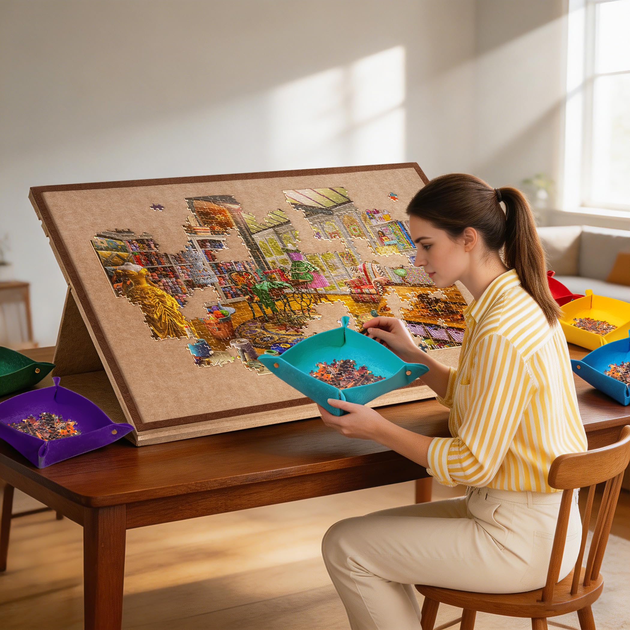 Kippbares Puzzlebrett mit 2-in-1-Ständer und Abdeckung, Leichter Filz-Puzzleaufbewahrungstisch mit 3-Fach verstellbarem Winkel, 6 Puzzlesortierfächern für Puzzlespiele mit bis zu 1500 Teilen