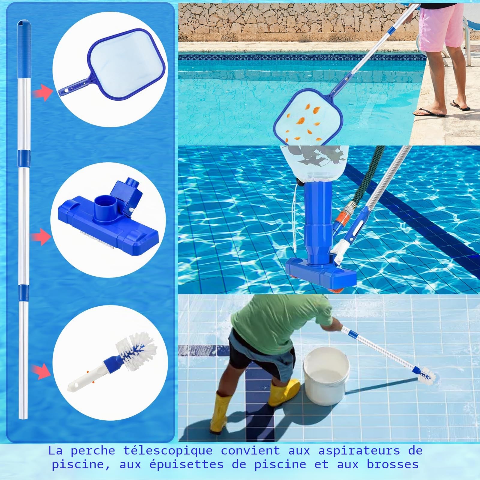 Kit aspirateur de piscine portable Jet Vacuum Head avec tige télescopique, kit de nettoyage avec brosse à récurer et filet de skimmer pour le nettoyage des feuilles, de la saleté, du sable, de la boue