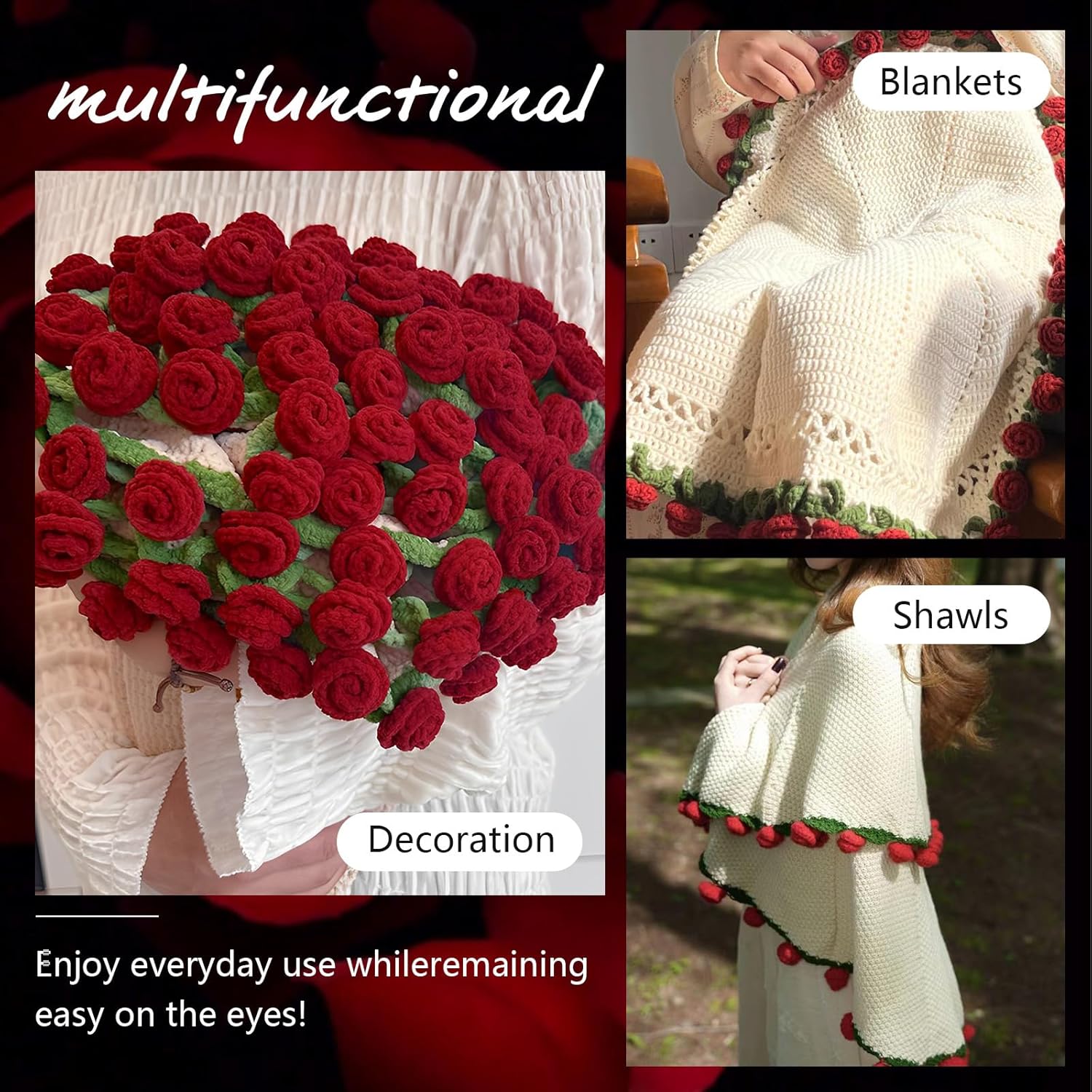 Crochet Flower Rose Bouquet Blanket for Girlfriend DIY Handmade Blanket Soft and Lightweight Romantic Knitted Throw Blankets Gifts for Mother's Day Birthday Home Decor Red 33 Flowers 31.5 Inch