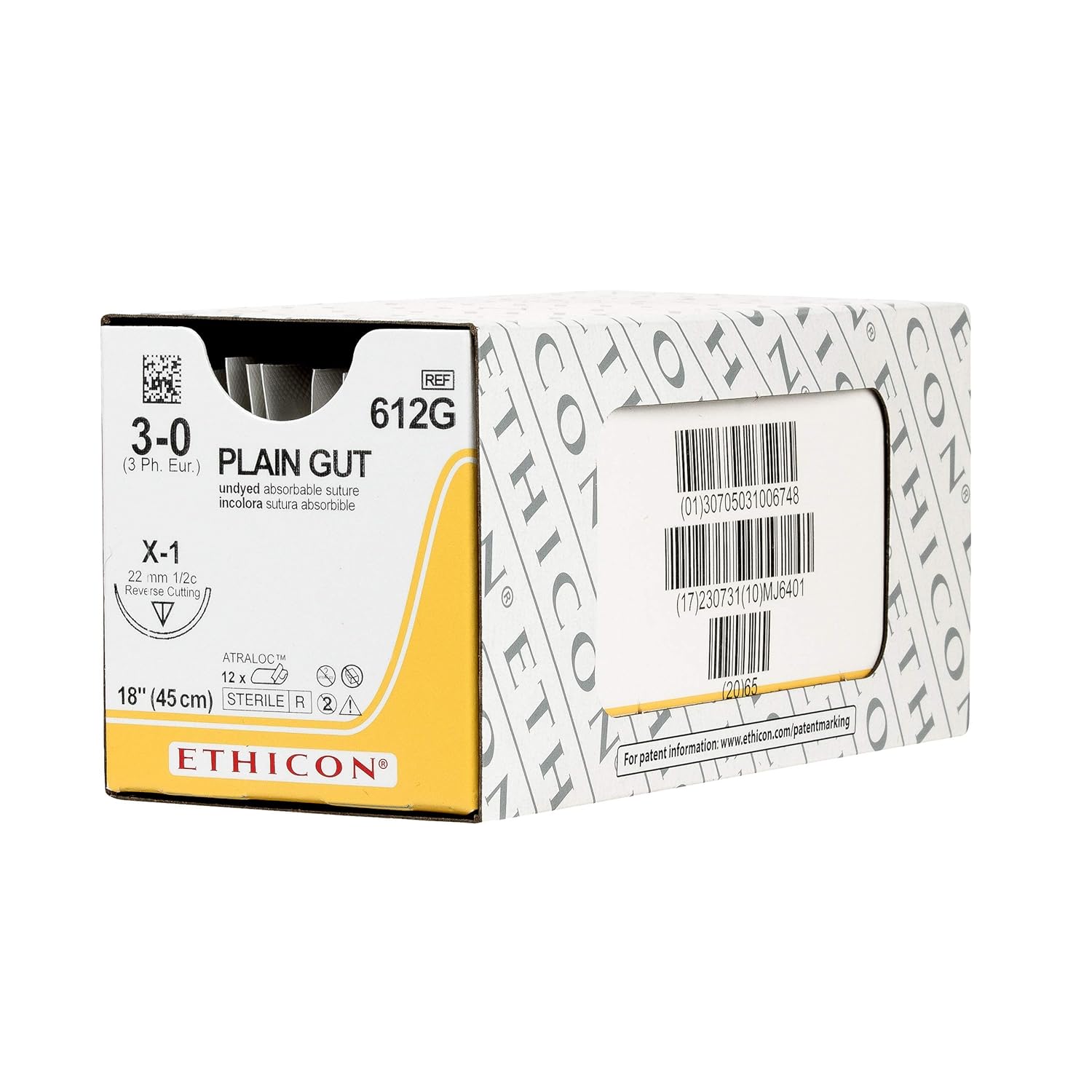 Ethicon 612G Surgical Gut Plain Suture, Natural Absorbable, X-1, 1/2 Circle Needle, Size 3-0, 18" (45)