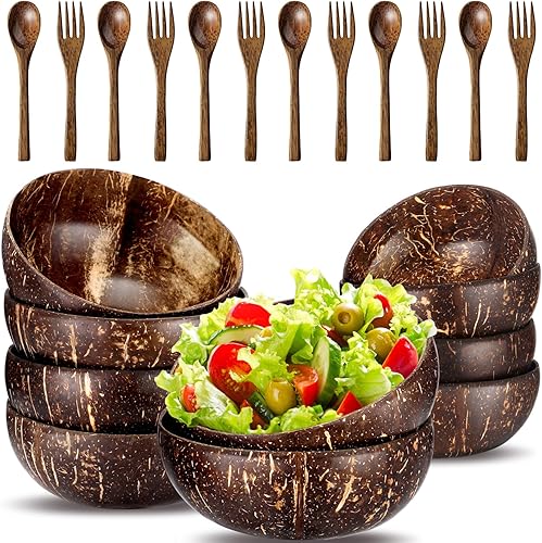 Domensi Juego de 24 cuencos de coco y cucharas de madera, 12 cuencos reutilizables para batidos de Buda con utensilios para servir, cubiertos de