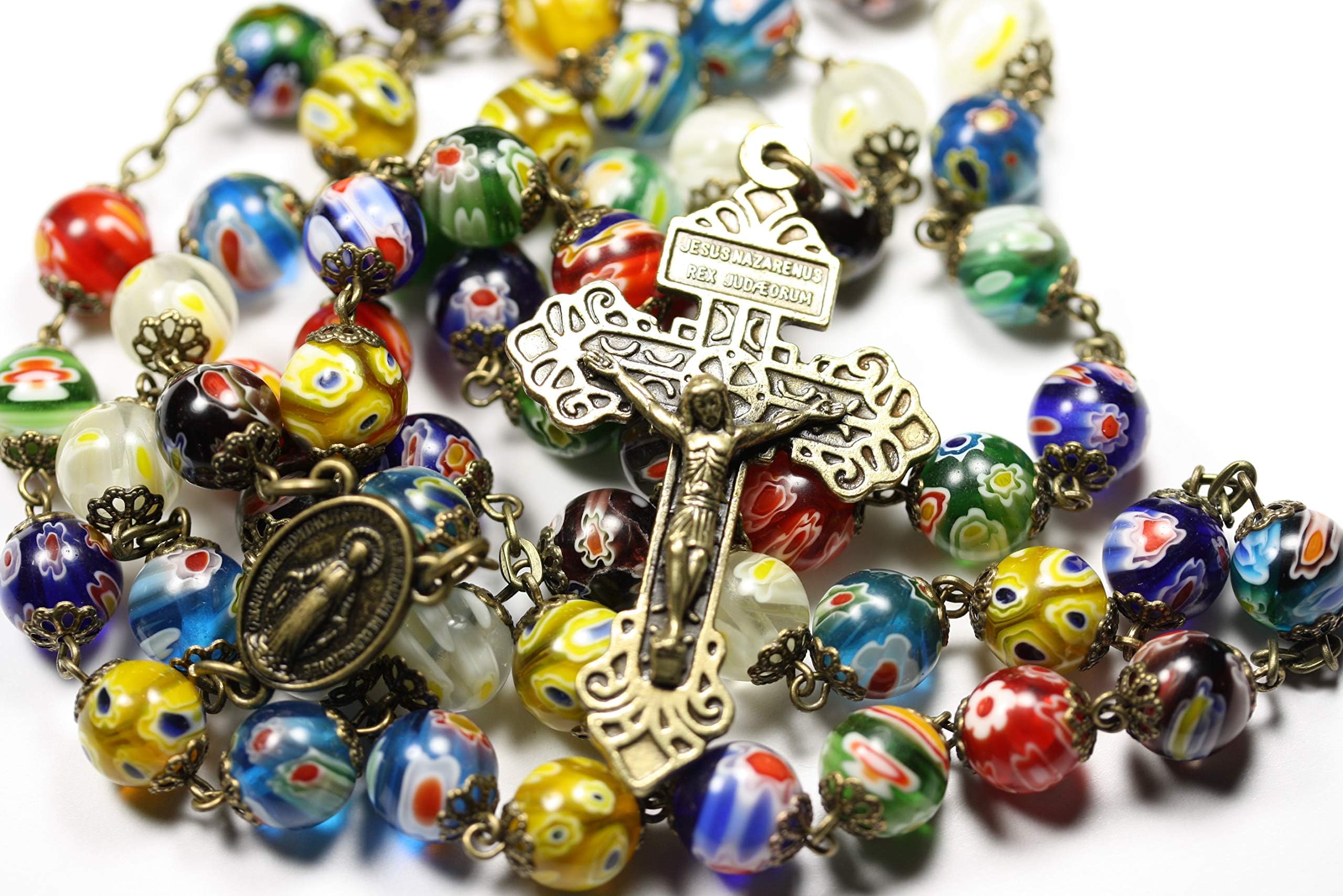 Large Multi Color Millefiori and Bronze 10mm 5 Decade Natural Stone Bead Rosary