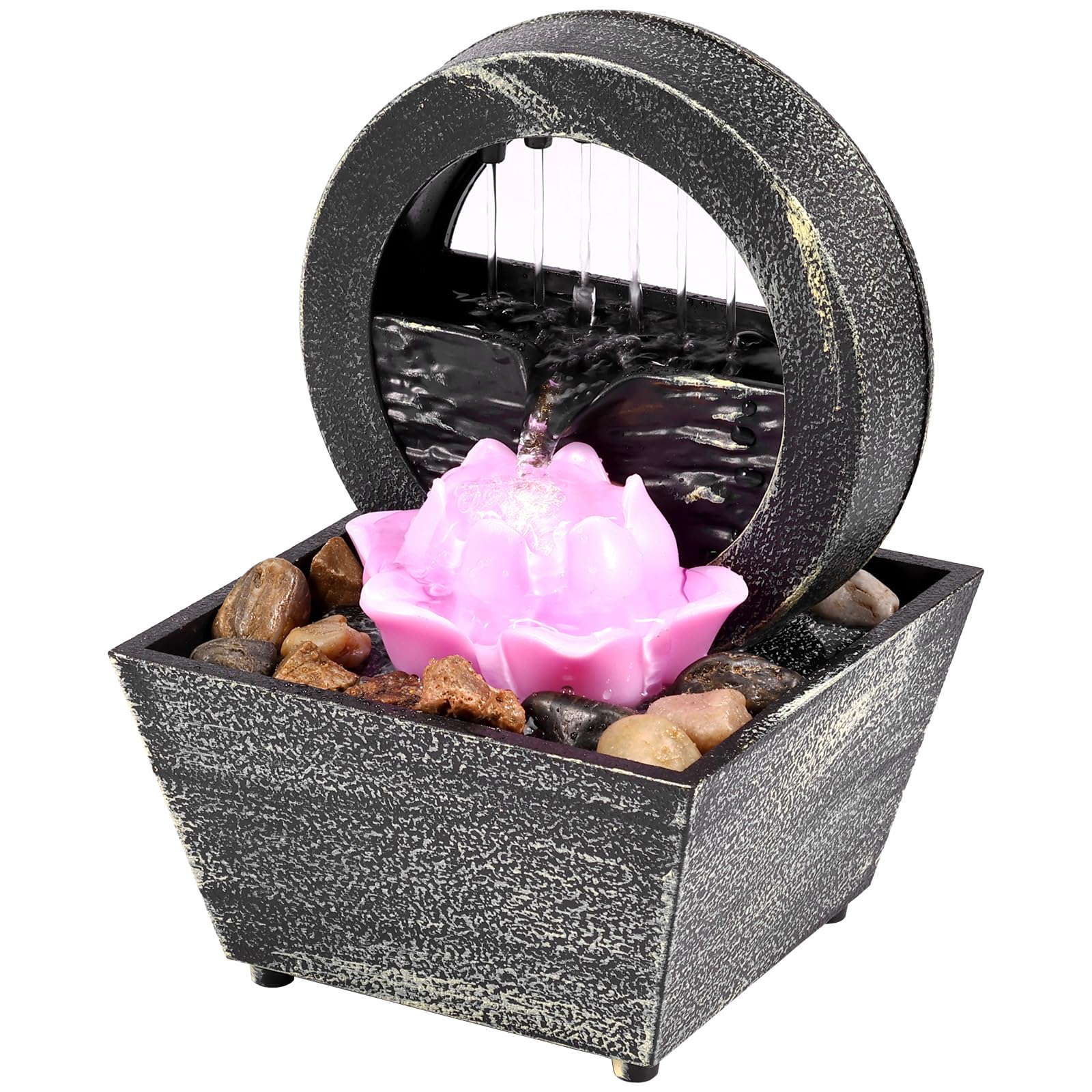 CJ Tabletop Fountain with Light Battery/USB Operated Mini Indoor Water Fountain Feature Zen Meditation Fountain Decor Sound Relaxation Fountain Ornament for Table Office Home Bedroom SHUENEG(lotus)