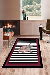 Pelangi Fuşya Fil Desenli Çerçeveli Yıkanabilir Kaymaz Taban Leke Tutmaz Modern Salon Halısı Ve Yolluk, Bordo-Siyah 60 x 120, 745711196012005