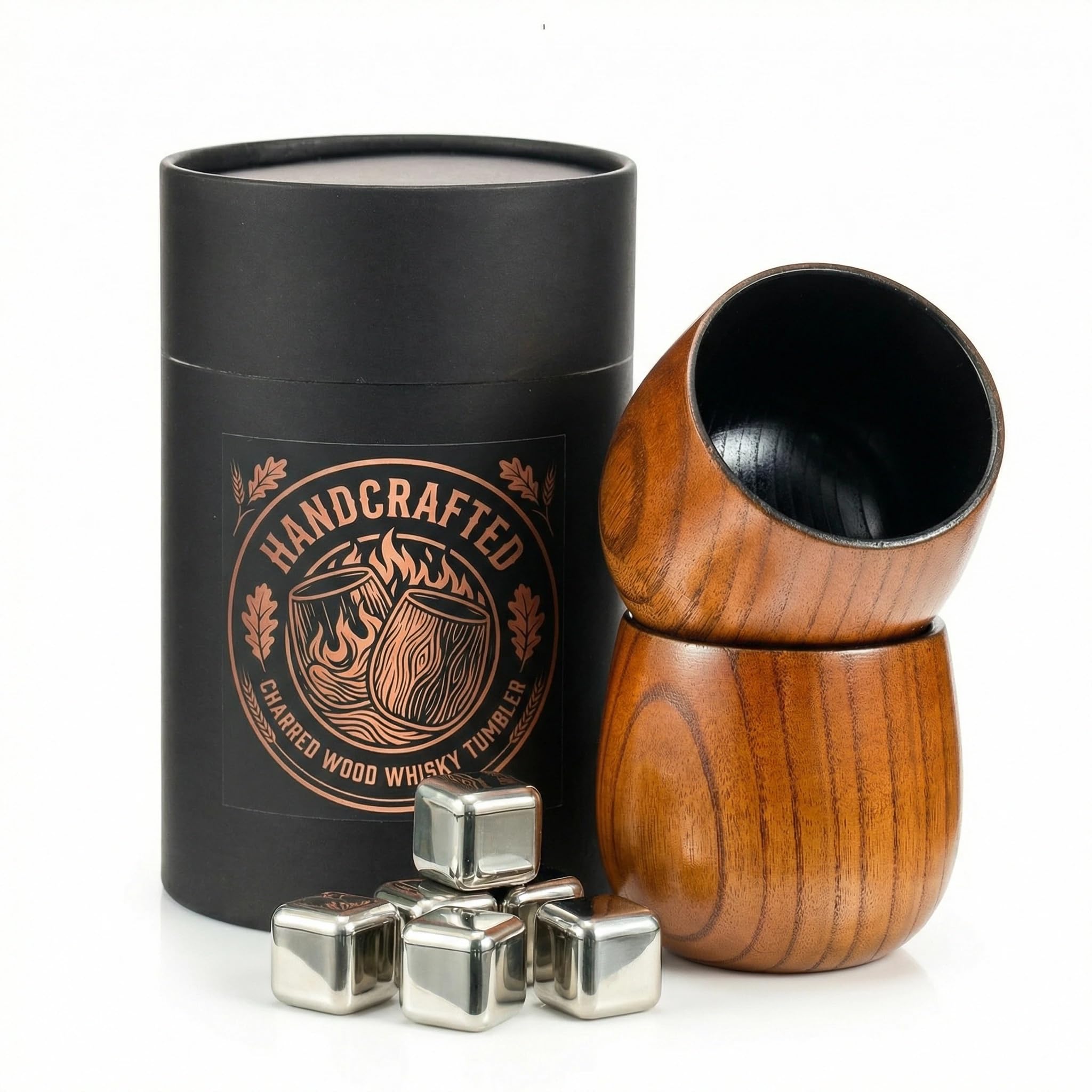 LAHAQIQI Charred Wood Whisky Glasses Set of 2 (300ml) - Handcrafted Old Fashioned Tumblers for Bourbon & Scotch - Shatterproof Gift for Men, Dad, Husband for Christmas & Birthday