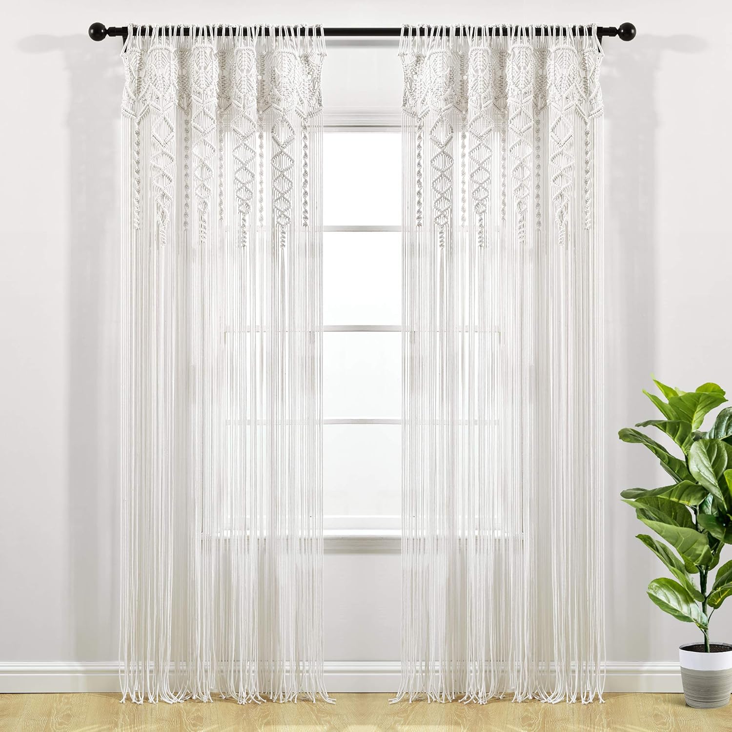 Lush Decor Boho Macrame Cotton Window Curtain Panel 40x84 White - Hand-Knotted Room Divider, Wedding Backdrop, Boho Wall Hanging