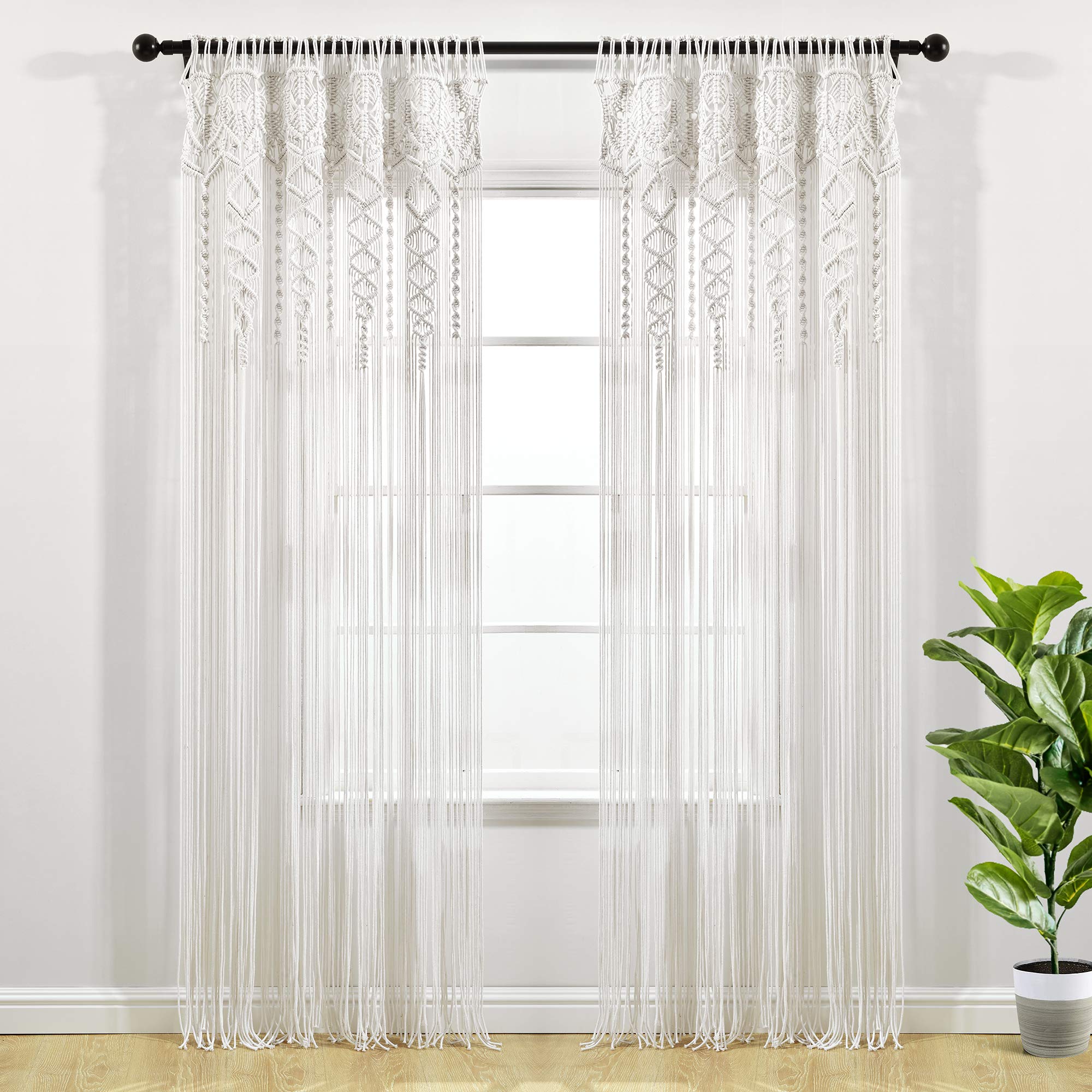 Lush Decor Boho Macrame Textured Cotton Window Panel - Single Panel, 40" W x 95" L, White - Doorway Room Divider - Wedding Or Wall Decor - Boho Macrame Curtain
