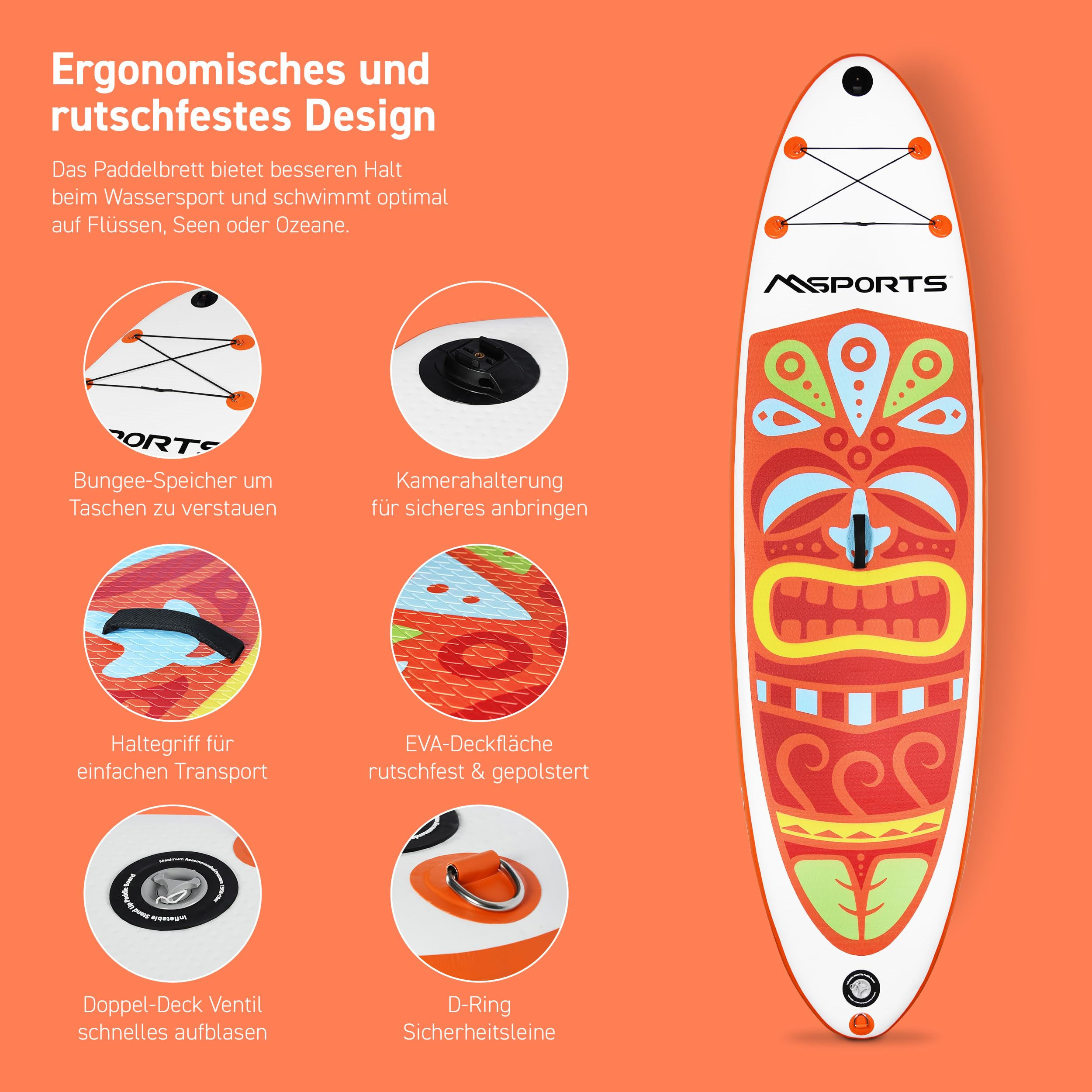 MSPORTS SUP - Stand Up Paddling Board - Aufblasbar Komplettes Paddleboard Zubehör Verstellbares Paddel, hochwertige Pumpe + 2X Paddelstock + wasserdichte Smartphone Tasche + Multifunktionstasche