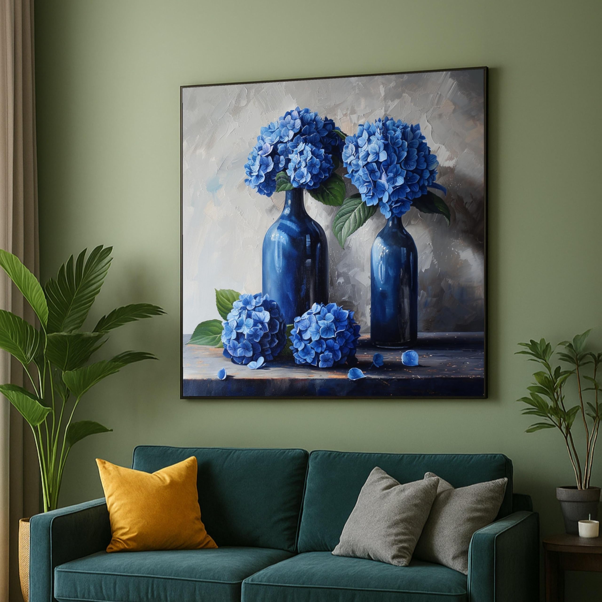 XINBAO Niebieskie kwiaty hortensji w ciemnoniebieskich butelkach płótno, kwiatowa martwa natura sztuka ścienna, dekoracja botaniczna, obraz kwiatowy na płótnie 55 x 55 cm bez ramy
