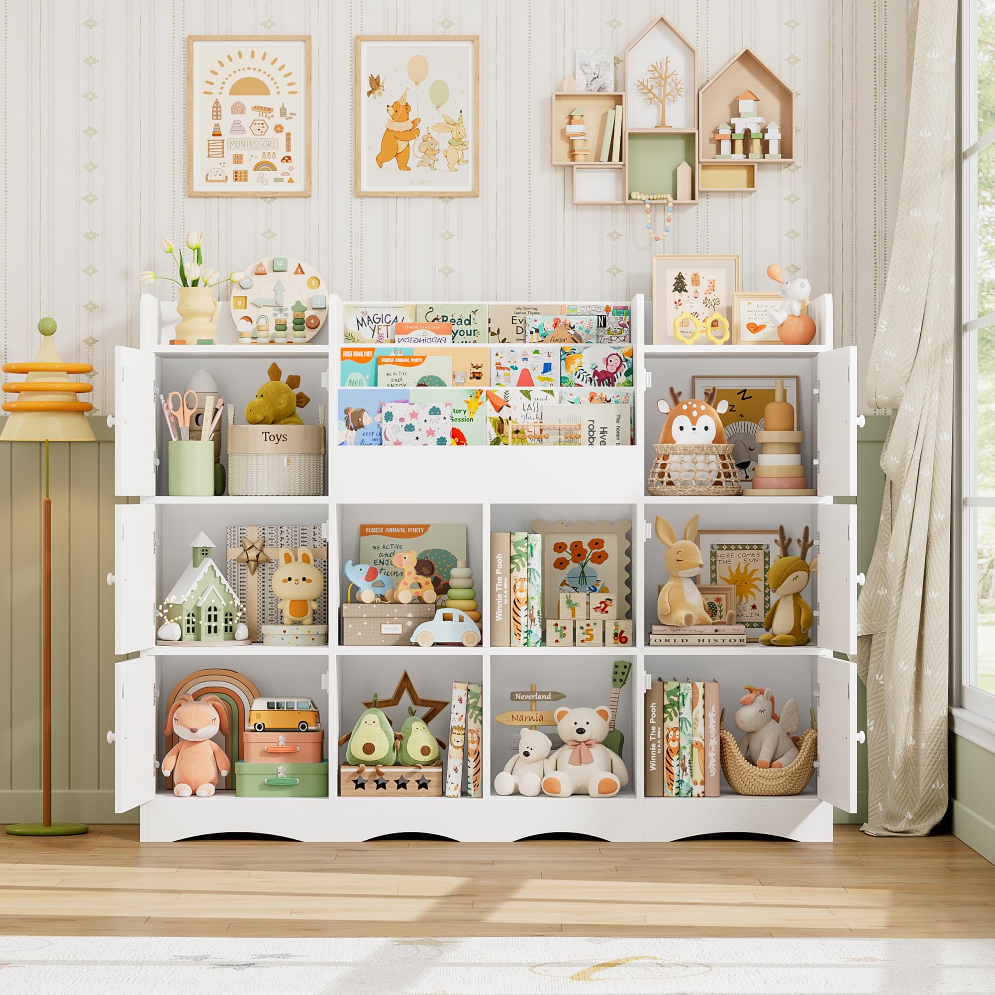 FOREHILL Organizador Juguetes, 6 Armarios con Puertas, Blanco | Estanteria Infantil, 6 Armarios con Puertas, 4 Estantes Abiertos para Dormitorios Guardería, 140x30x106cm