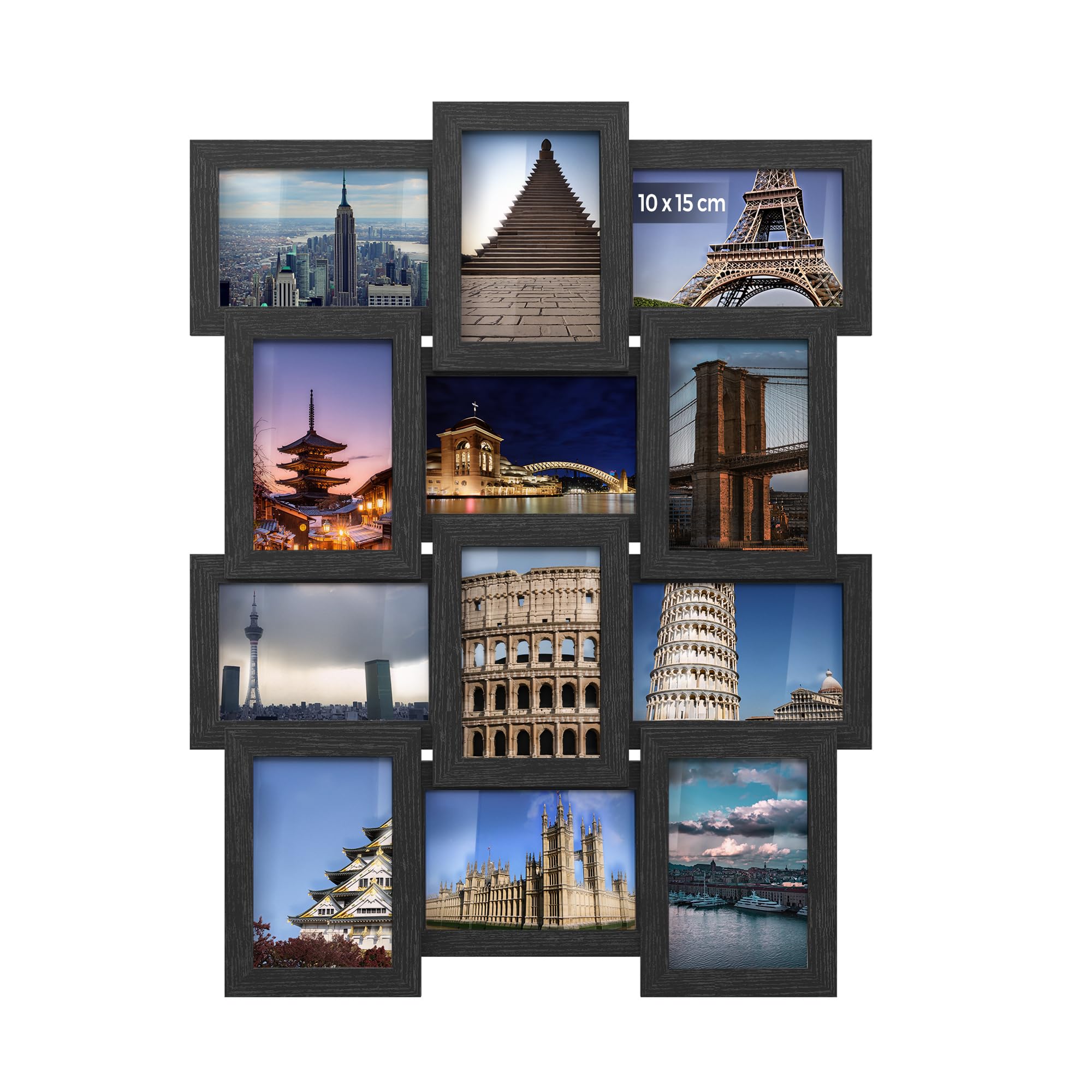 SONGMICS Cadre Photo Multiple, Pêle-mêle Mural 12 Imagess, Photo Format 10 x 15 cm, Décoration Murale, Exposition Suspendue ou sur Table, Montage Nécessaire, Noir d’Encre RPF26BK