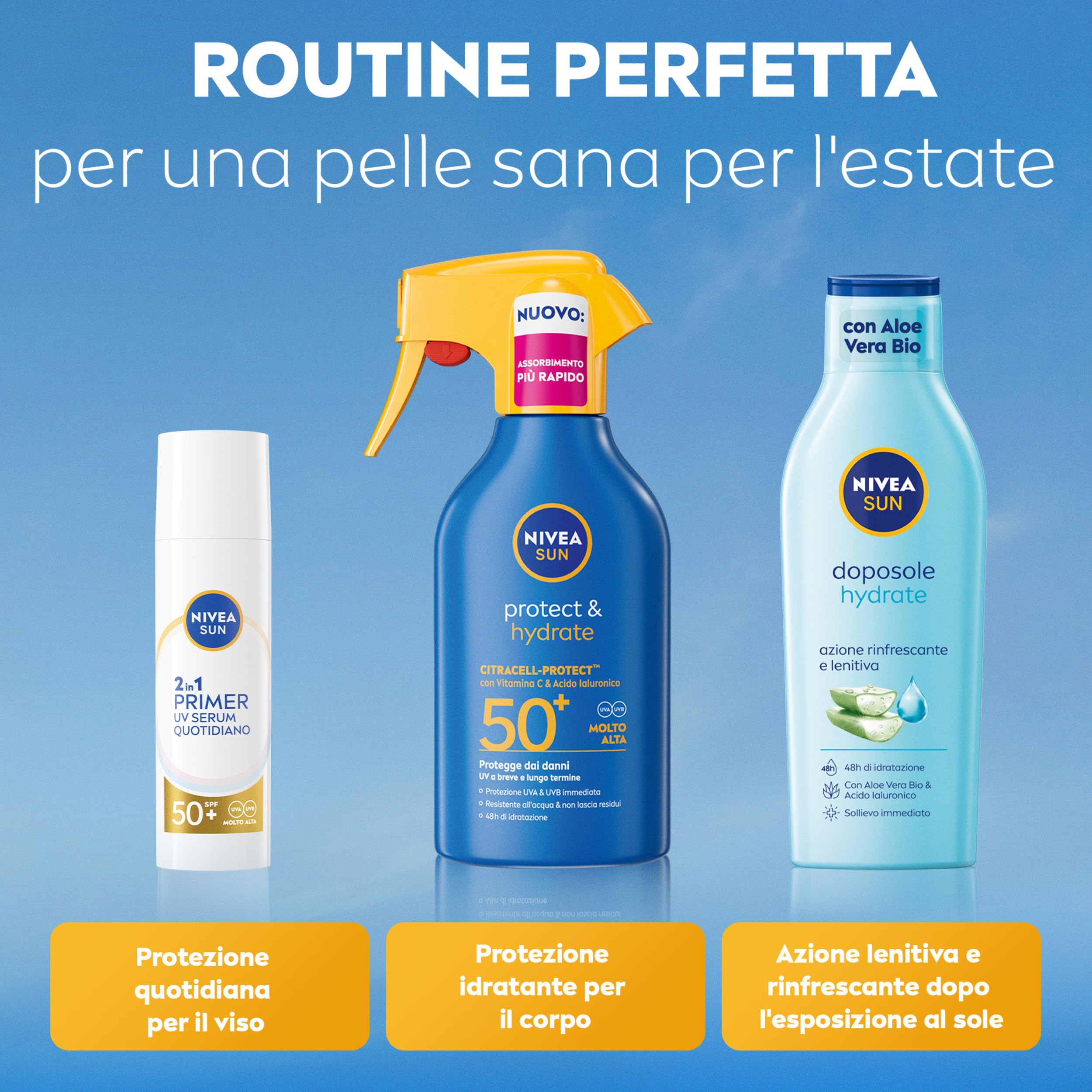 NIVEA SUN Protect & Hydrate Maxi Spray Solare SPF 50+ 270 ml, Crema solare 50 spray idratante 48h ad assorbimento rapido, Protezione solare 50+ resistente all'acqua con Vitamina C e Acido Ialuronico