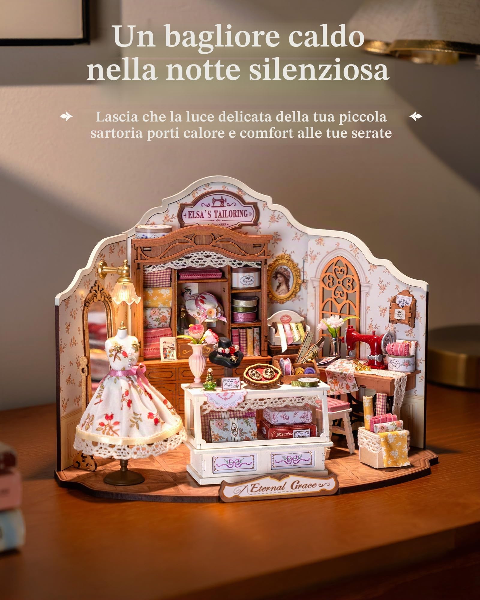 ROBOTIME Kit Casa delle Bambole in Miniatura Elsa's Tailoring, Kit di Costruzione in Legno con Luci LED, Miniature da Costruire per Adulti, Decorazione per la Casa, Regalo per Donne e Ragazze