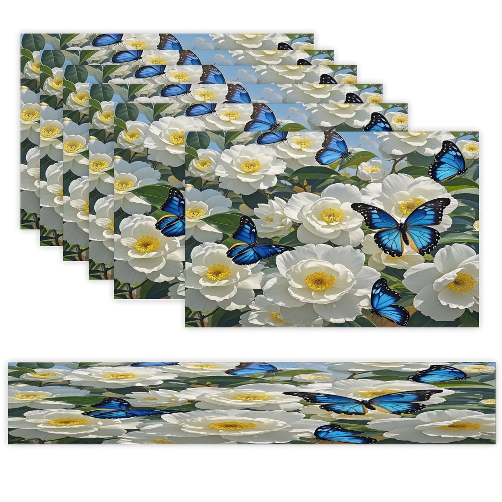 Blue Butterfly Table Runner and Placemats Set of 6 Wipe Clean Heat Resistant Table Mat with Table Runner Decorations Flax Linen Place Mat Set for Home Kitchen Party Supplies