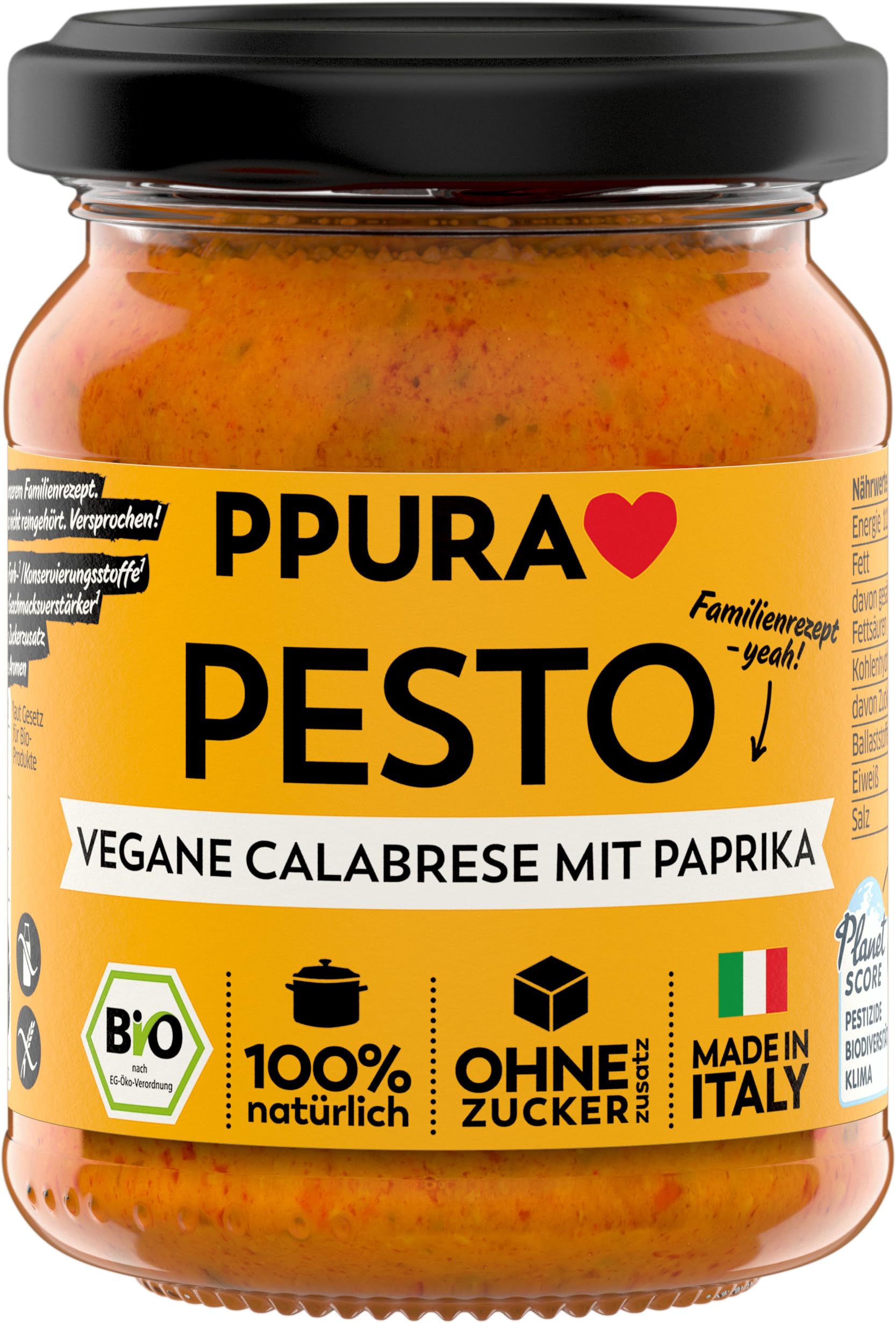 PPURA Bio Pesto Vegane Calabrese | Pasta-Sauce mit Paprika, Tomaten & Nat. Olivenöl Extra | 100% Natürlich Ohne Zuatzstoffe | Authentisch Ohne Sonnenblumenöl| Nudel-Soße Vegan & Glutenfrei | 120g Glas