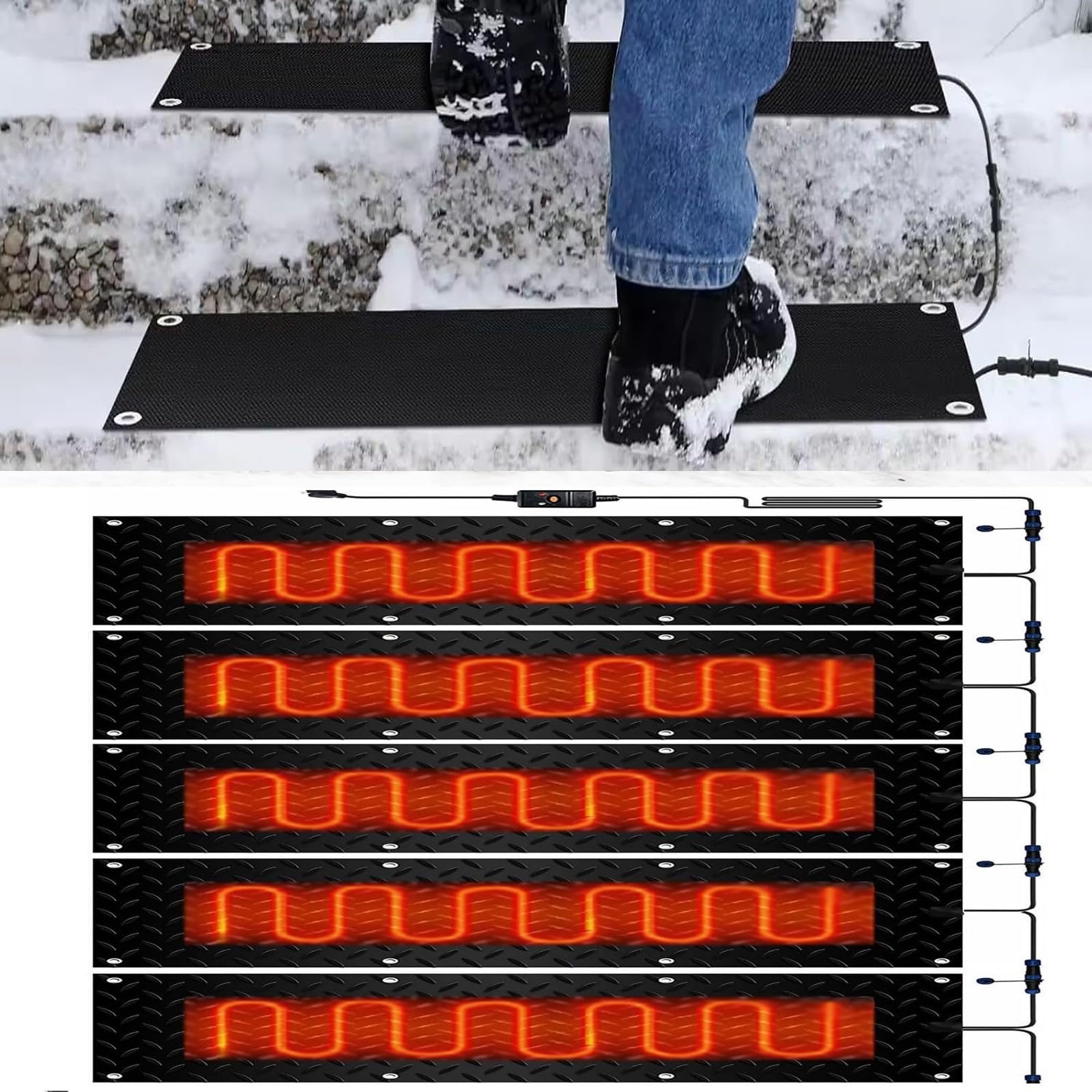 Lot de 5 tapis chauffants pour faire fondre la neige - 1/2/3/4/5 pièces - Tapis chauffant en caoutchouc antidérapant - Pour l'hiver et l'extérieur, l'escalier, la porte, l'allée, le toit (5