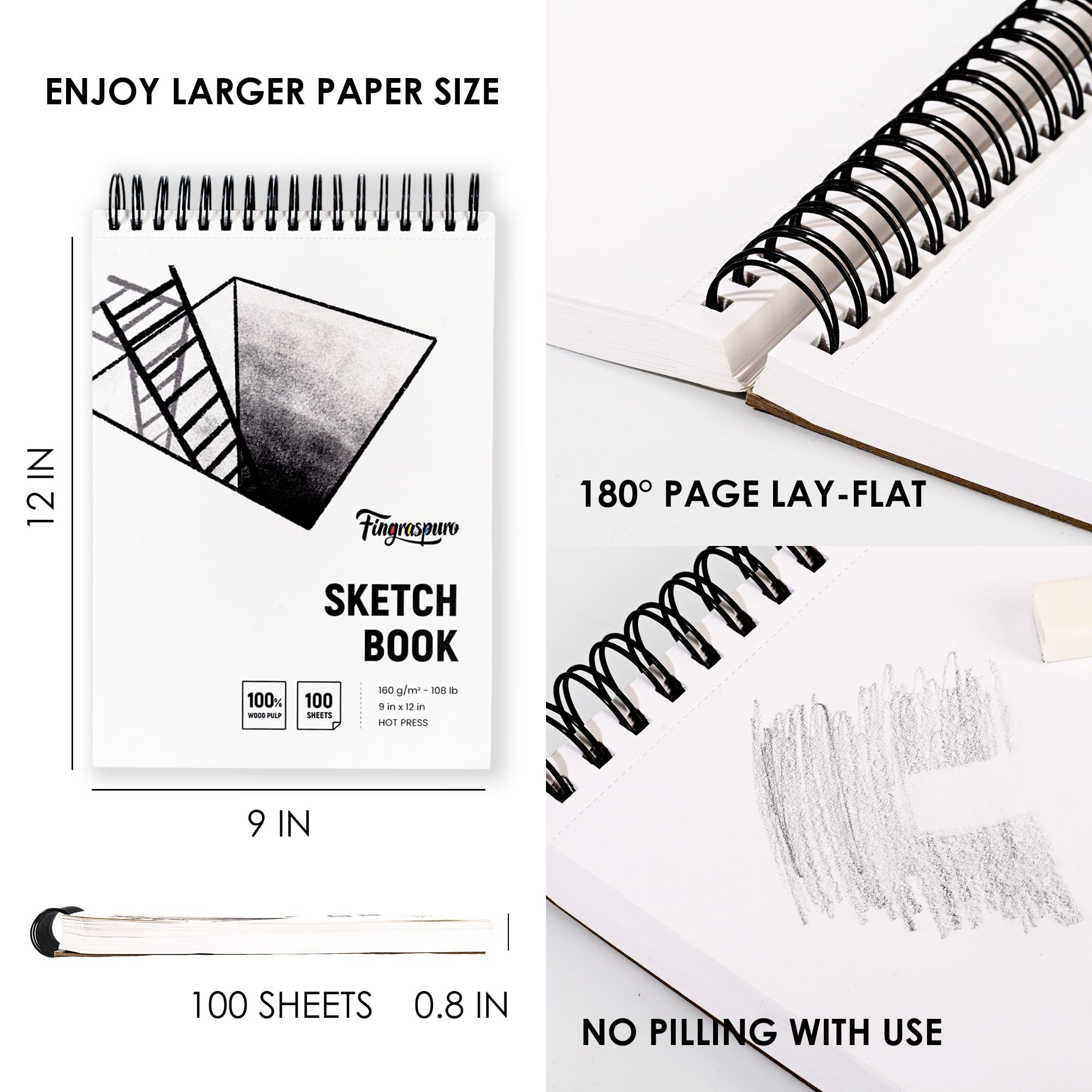 Fingraspuro Blocco da disegno, 160 g/m², 22,5 x 30,5 cm, 100 fogli con rilegatura a spirale, copertina rigida a caldo, per disegno e supporti misti