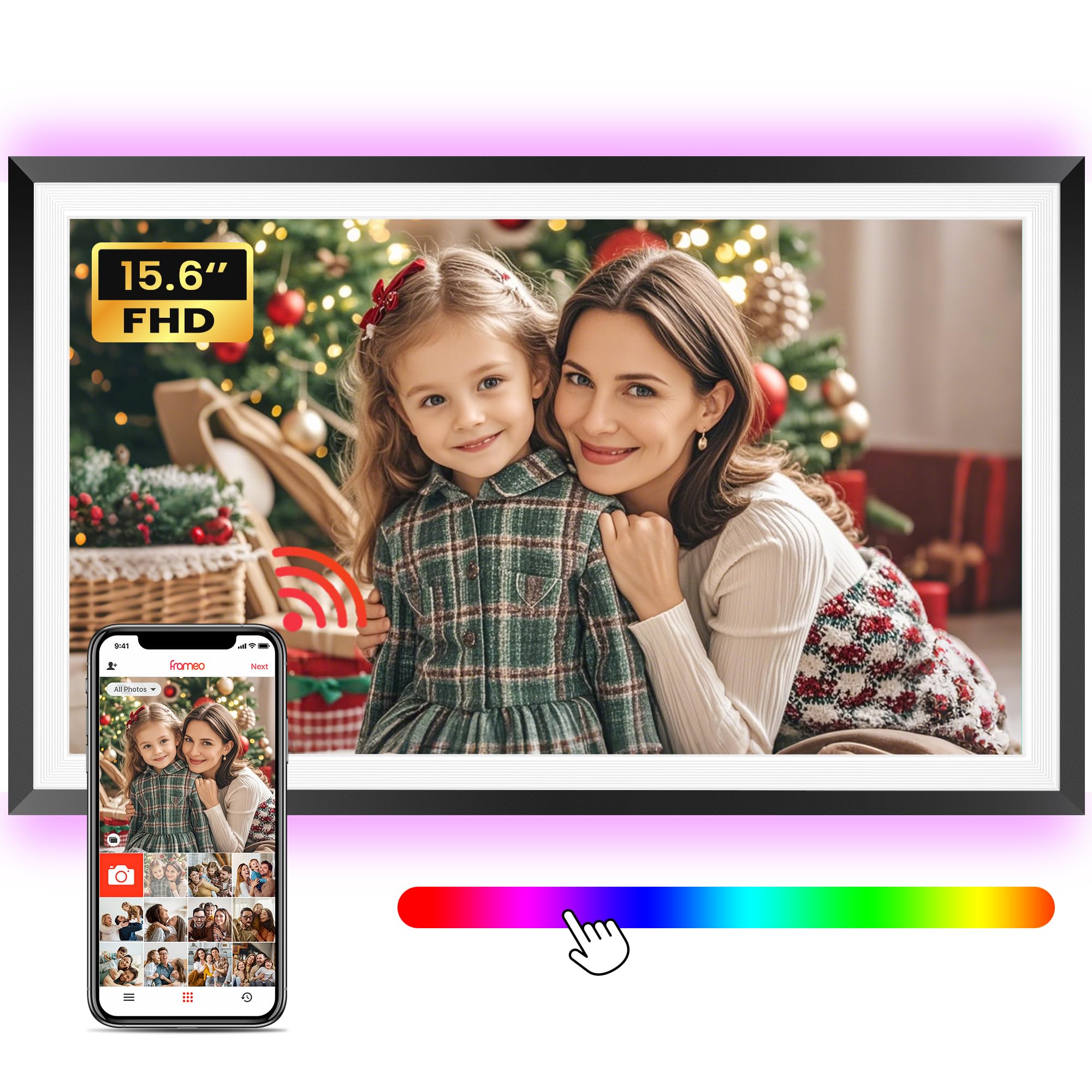 Frameo 15.6" Large Digital Picture Frame, Smart WiFi Electronic Photo Frame with LED Light 1920 x 1080 FHD IPS Touch Screen 32GB Memory Auto-Rotate Wall Mounted Slideshow, Share Photos/Video Anywhere