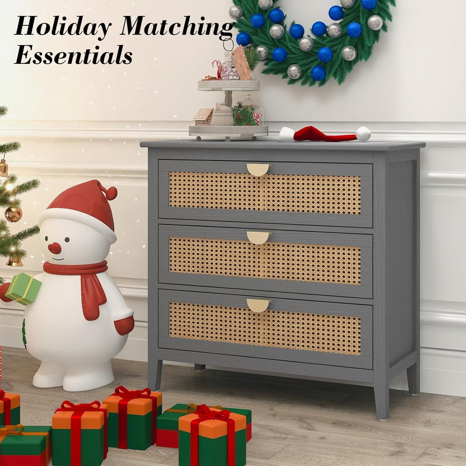 Grey Rattan 3-Drawer Storage Cabinet, Modern Boho Wood Accent Chest with Solid Wood Legs & Golden Handles, Large Organizer Table for Living Room, Entryway & Office, 1 PC