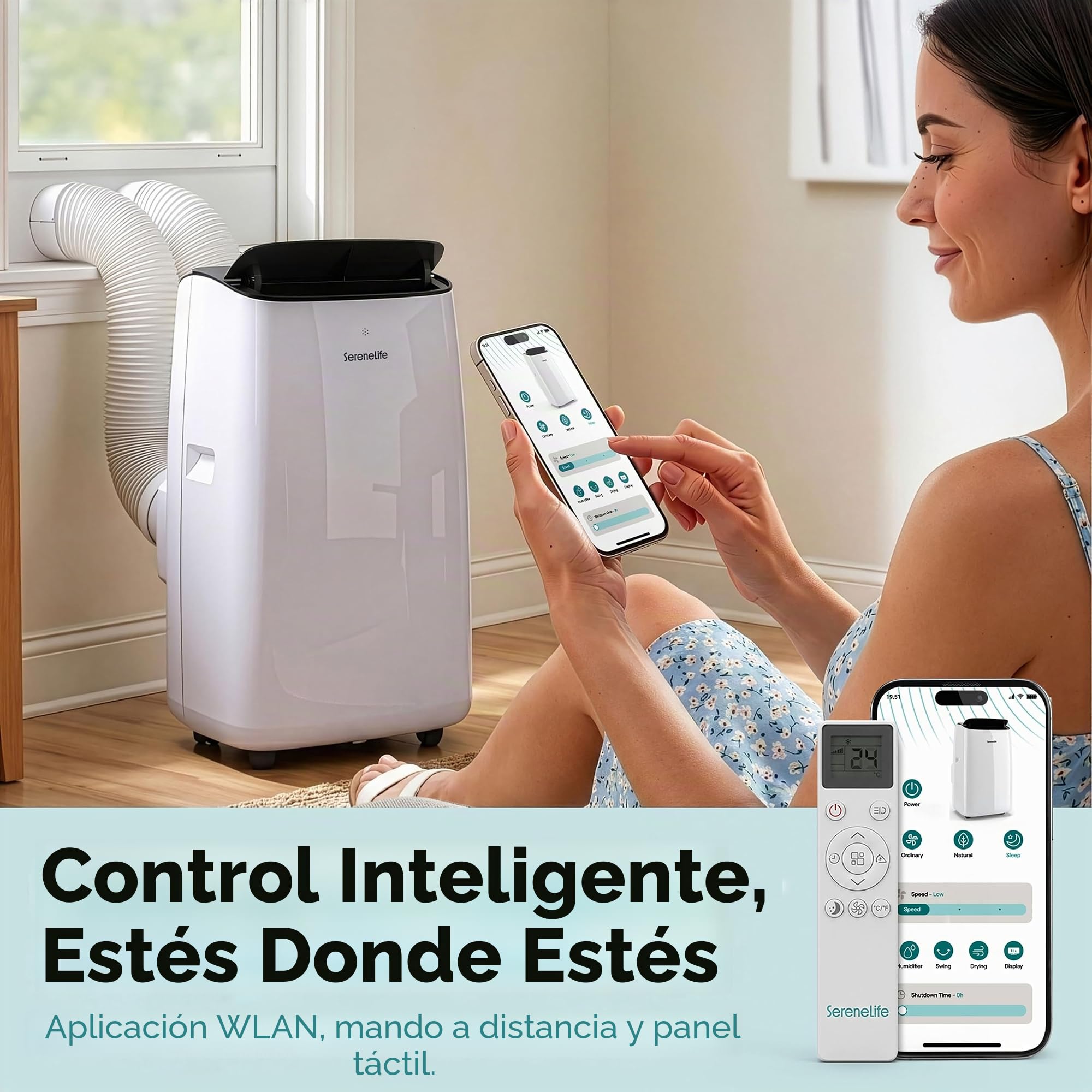 SereneLife Aire Acondicionado Inverter Móvil 12000 BTU WiFi 4 en 1: Refrigeración, Calefacción, Deshumidificación y Ventilación, Kit de Ventana, Ruedas, Silencioso,