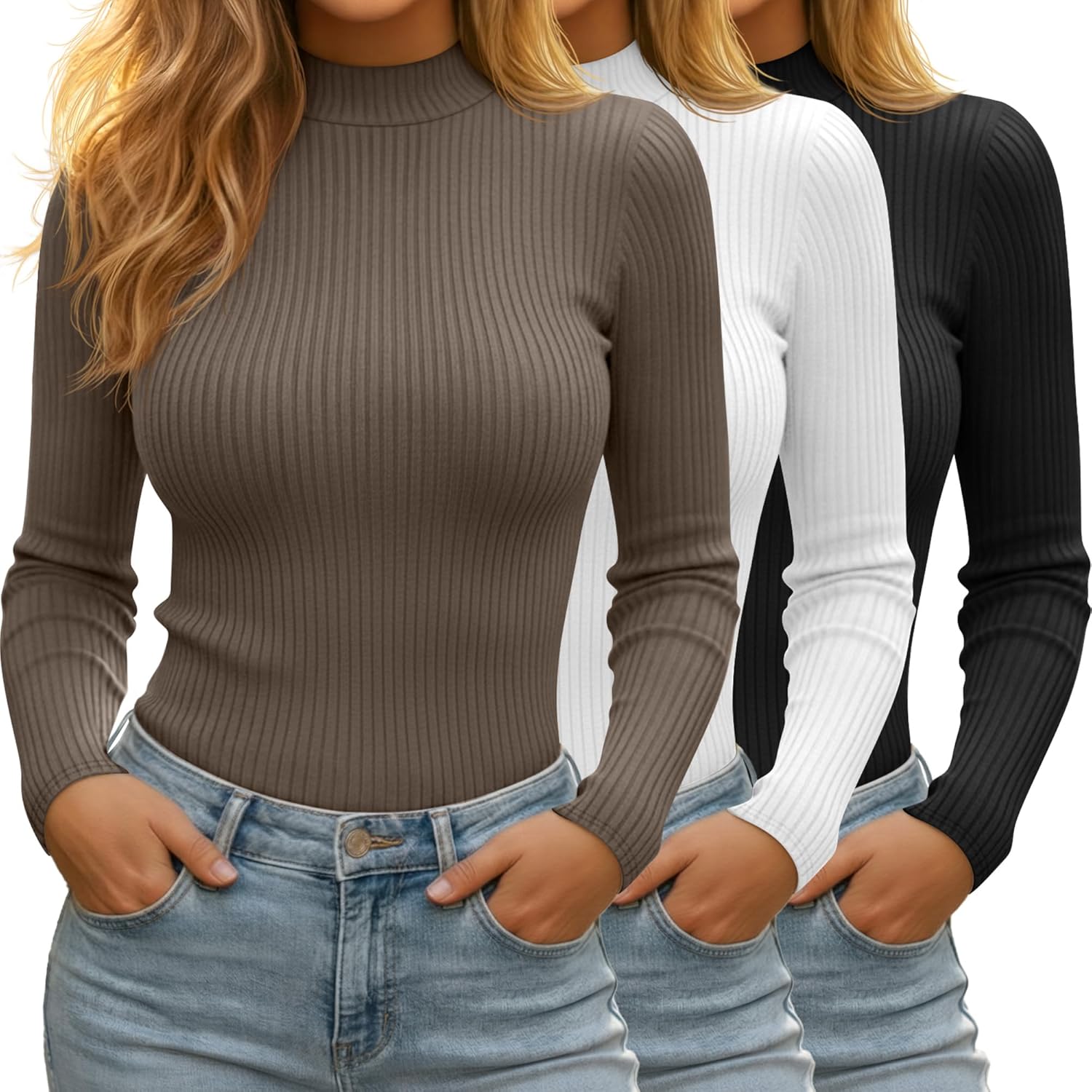 Xaatren 3 Pack Women's Mock Turtleneck Tops Ribbed Long Sleeve Shirts Mock Neck Slim Fit Undershirt Casual Basic Layering Tee
