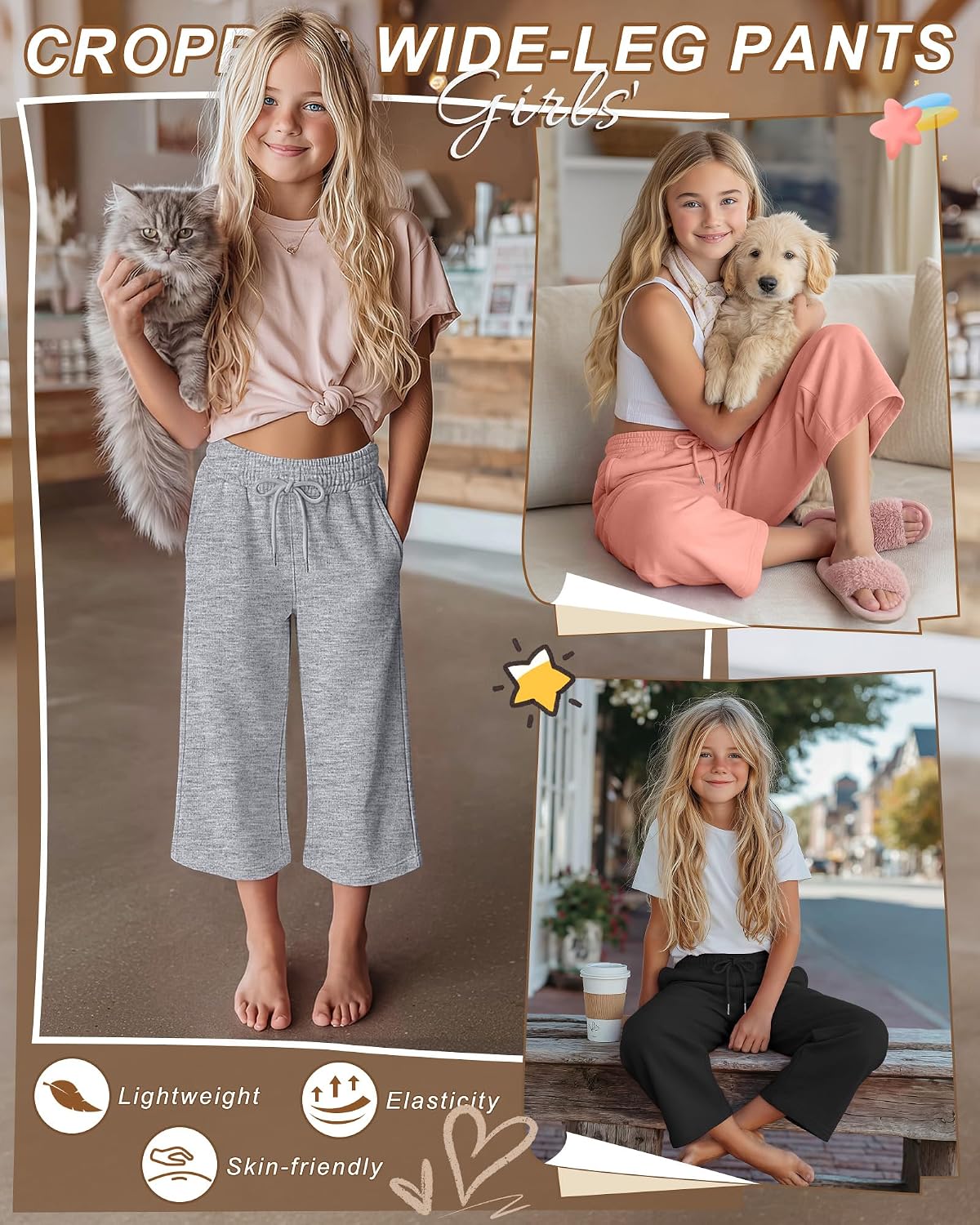 Halfchet 3 Pack Girls Capri Pants Wide Leg Baggy Cropped Sweatpants Kids Basic Casual Capris with Pockets for Ages 5-14