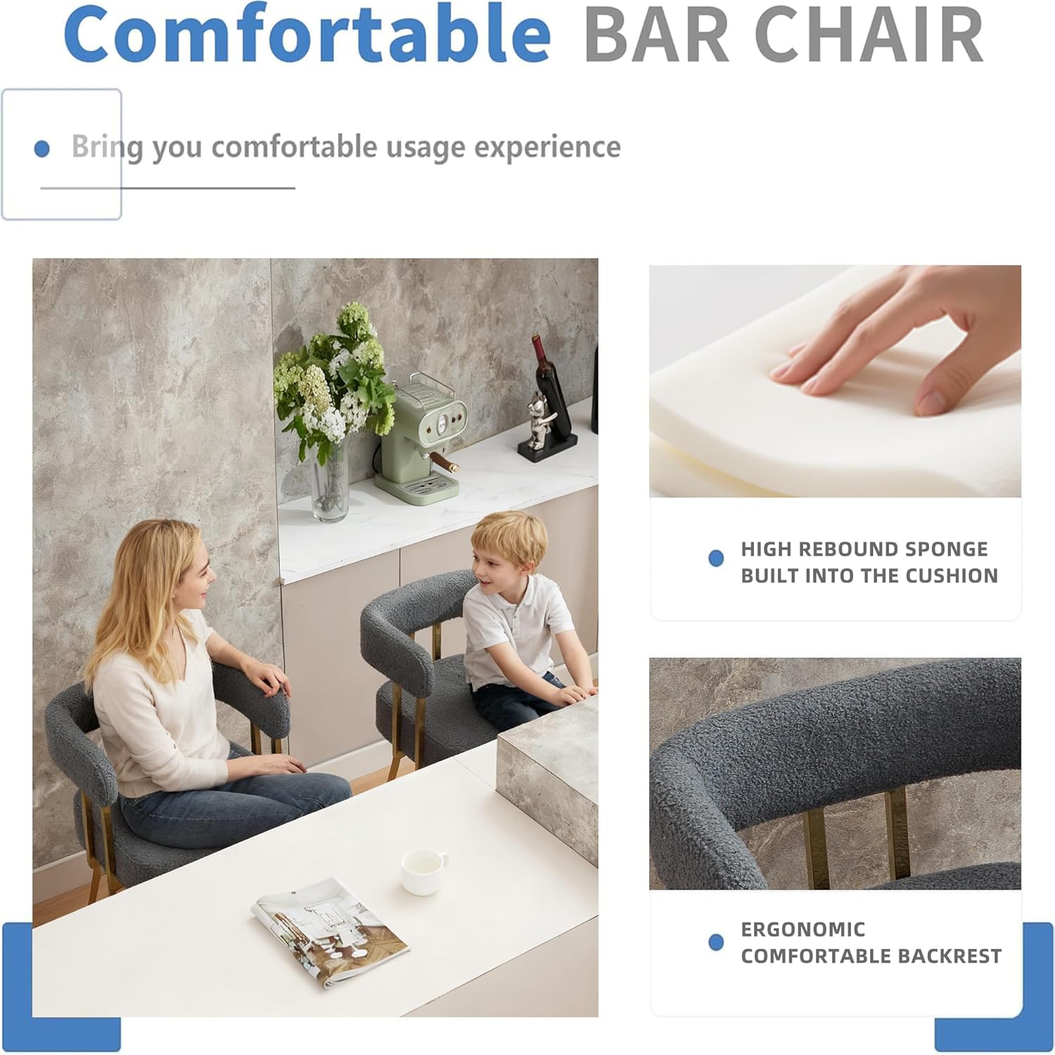 YITAI 27" H Counter Height Bar Chairs Set of 2, Modern Barrel Counter Bar Stools with Backrest and Arms, Gold Metal Legs, Teddy Velvet Upholstered Accent Barstools for Kitchen Island, Gray