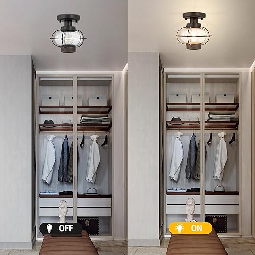 Miniatura 8 de Kalium Lámpara de techo para porche, lámpara de techo empotrada al aire libre con pantalla de globo de cristal, base estándar E26, lámpara