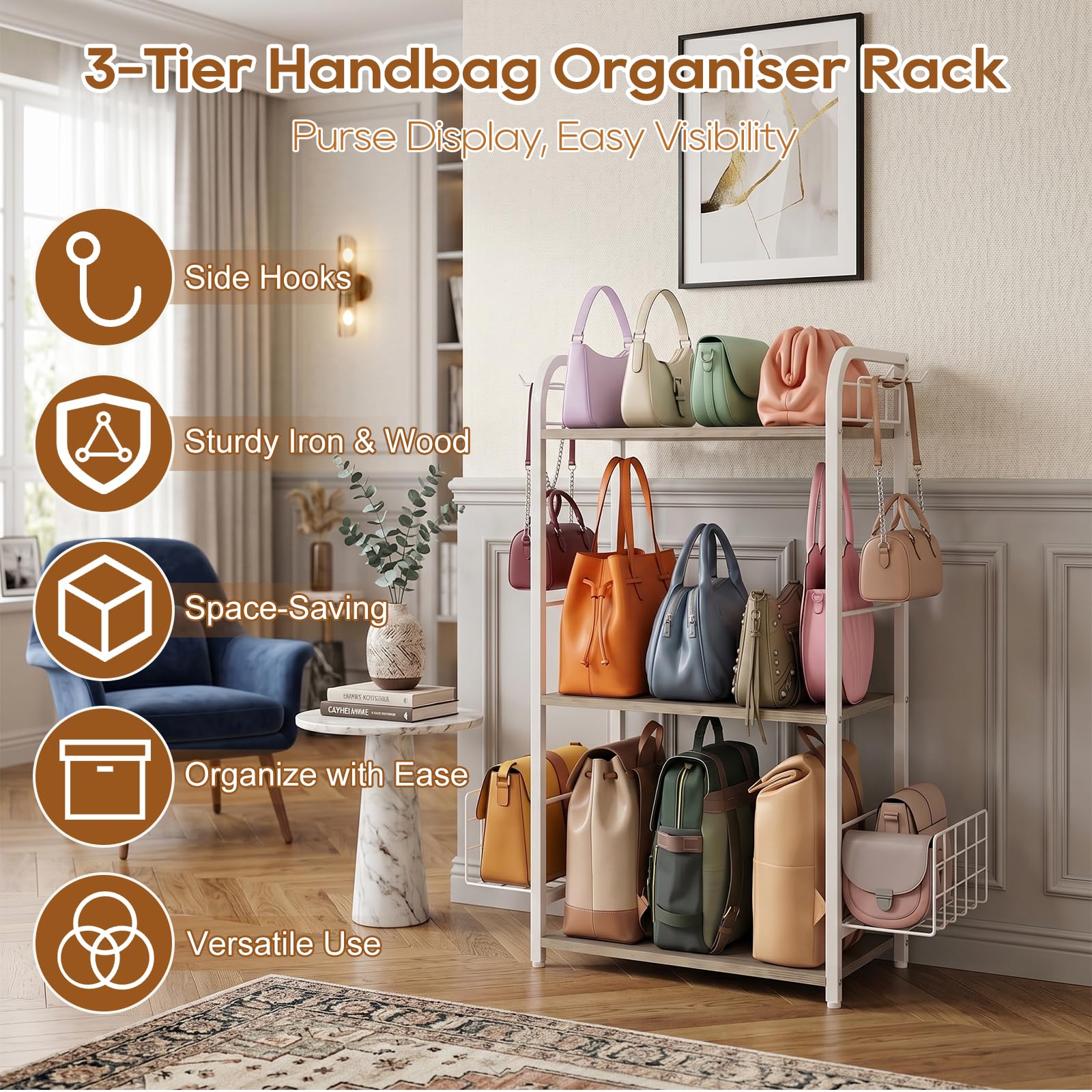 Organizzatore Borse a 3 Ripiani, Organizer per Armadio per Borse Firmate e Pochette con Paratie Laterali e Ganci, Organizzatore Multifunzionale per Armadio e Camera da Letto (Bianco)