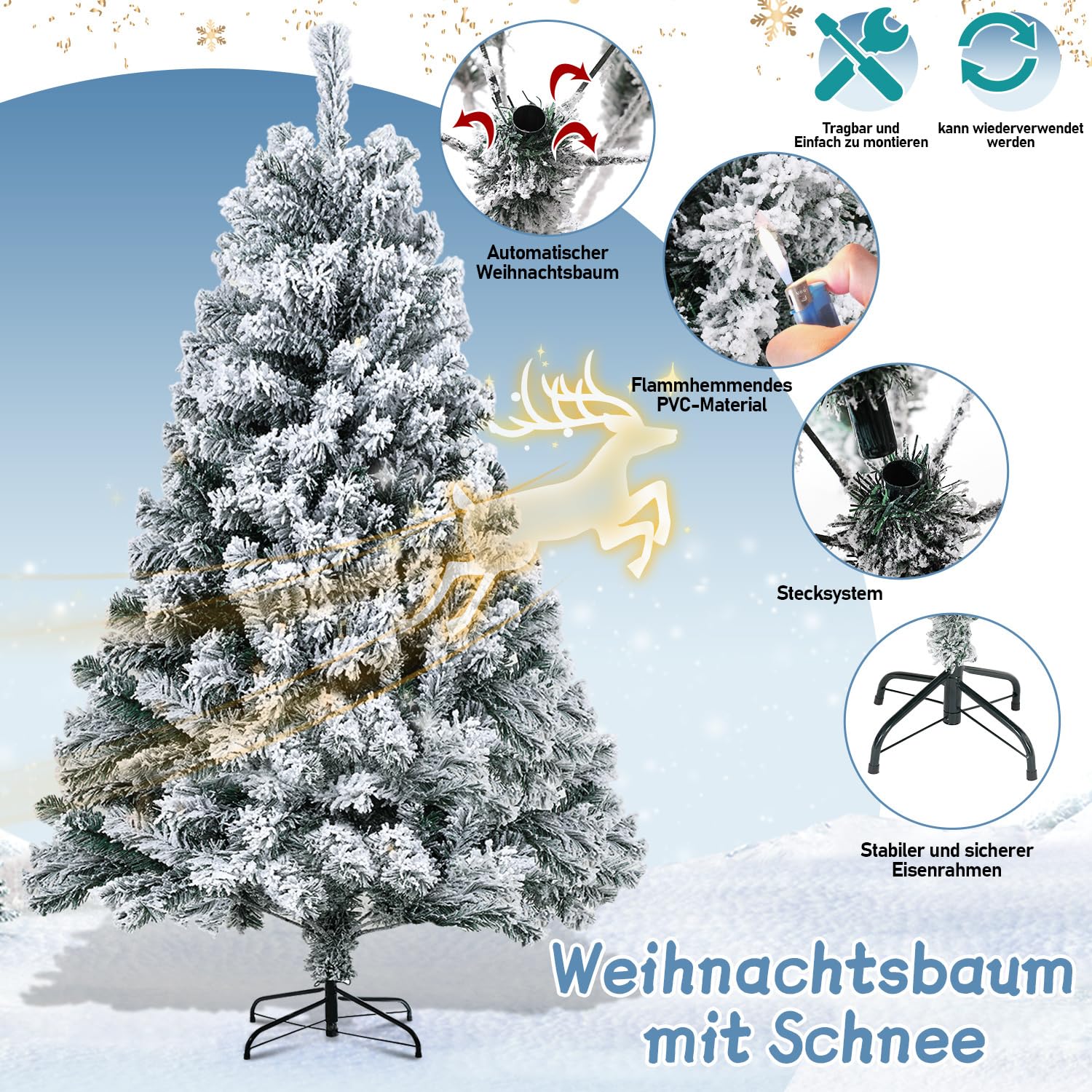 Künstlicher Weihnachtsbaum mit Schnee, 150cm Automatischer Tannenbaum Schnellaufbau Klappsystem, Christbaum mit Metallständer, 550 Spitzen dichte Zweige Christmas Tree