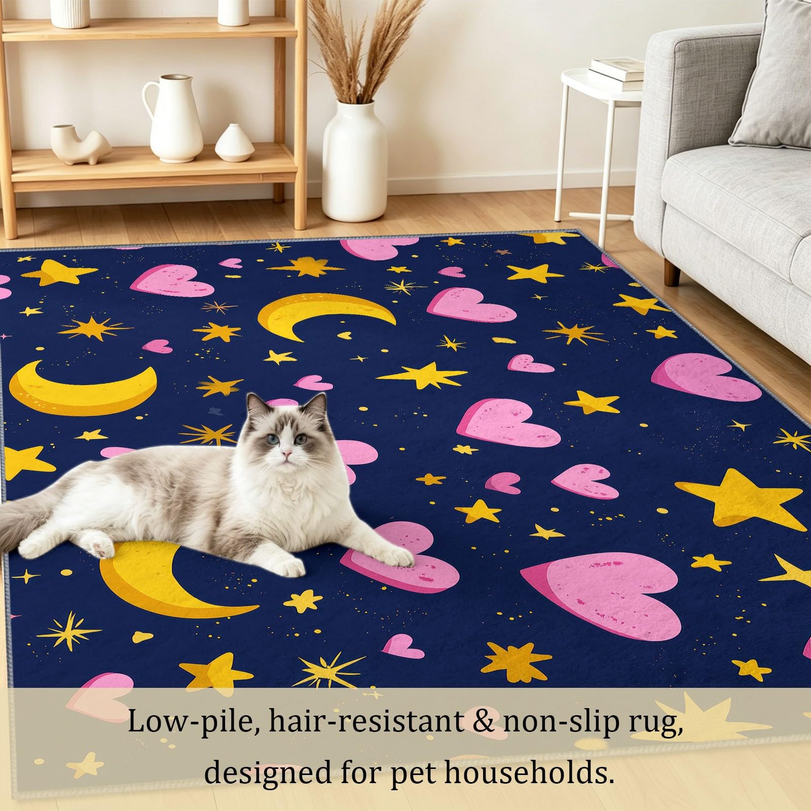 Generisch Teppich Waschbar 80 x 150 cm,Sterne Mond Herz Teppich, Kinderzimmer Gemälde rutschfest Zusammenklappbar Teppiche Gegend für Schlafzimmer Küche, Sternenhimmel