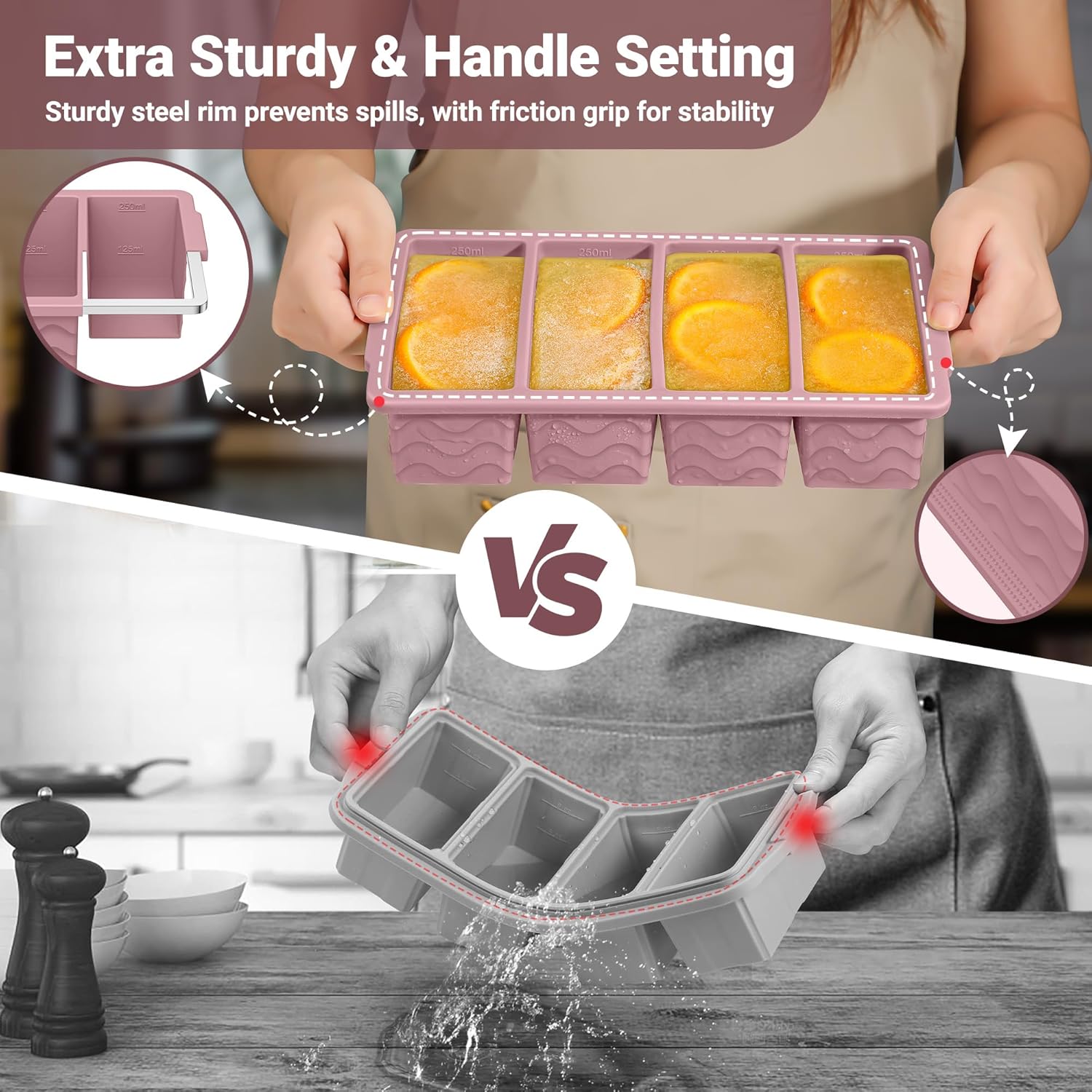 Silicone Freezer Molds for Soup with Lid, 1-Cup & 2-Cup Large Ice Cube Trays Food Storage Containers for Meal Prep, Freeze 500mL/250mL/125mL Portions – 2 Pack