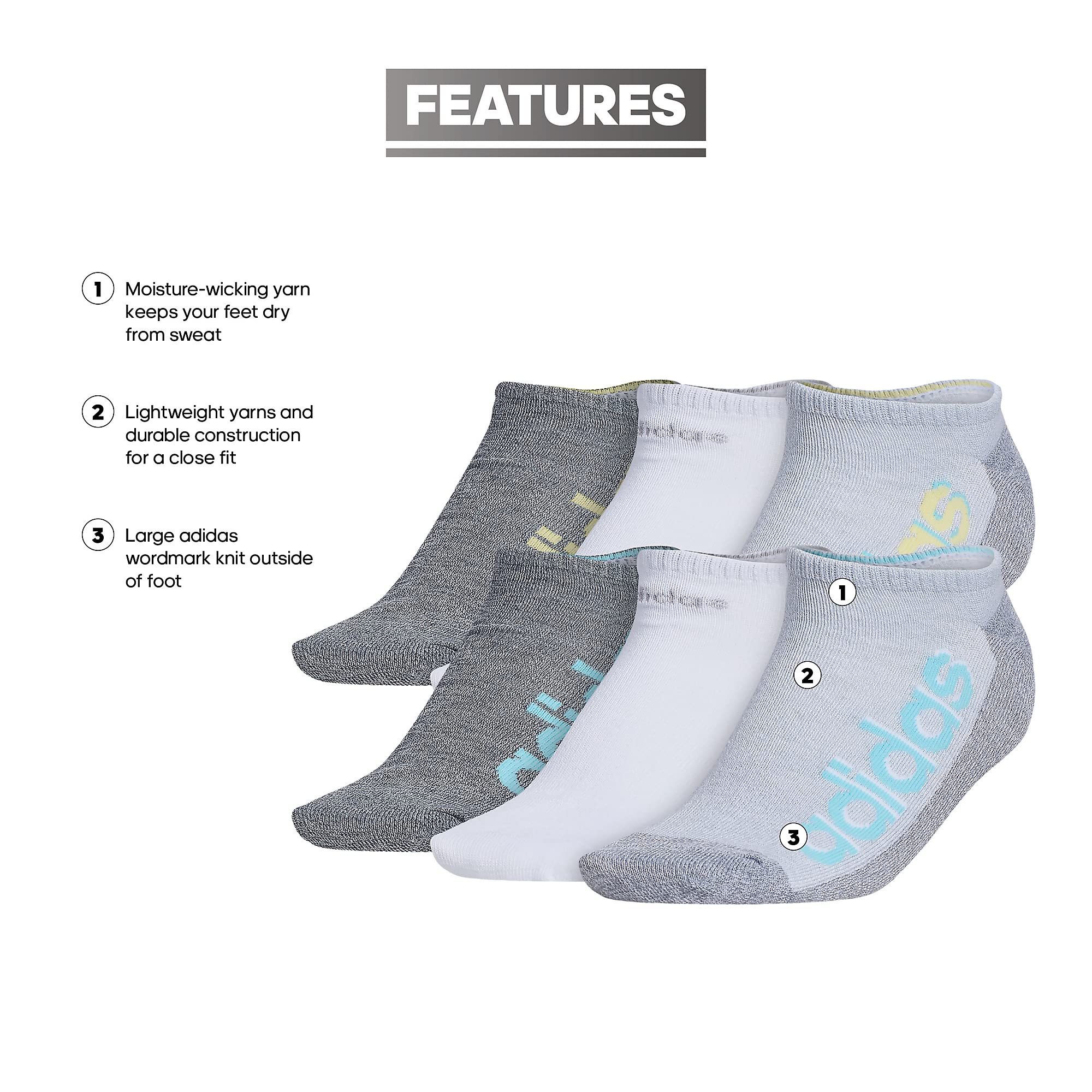 adidas womens Superlite Linear 3.0 No Show Socks (6-Pair), Grey/Bliss Blue/White, Medium
