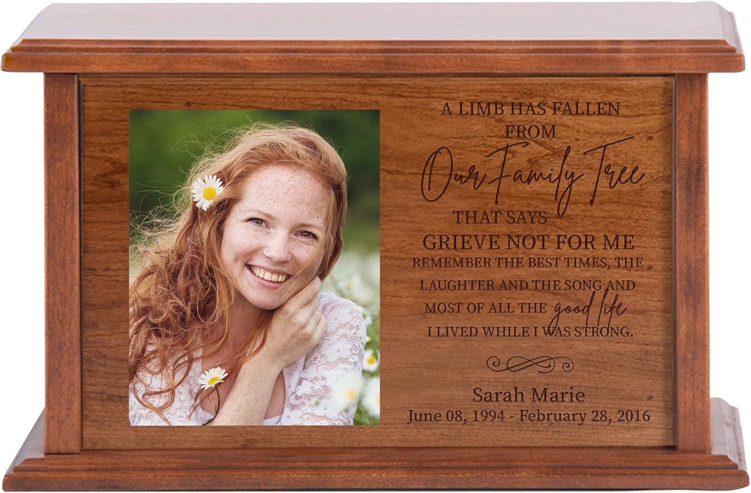 LifeSong Milestones Personalized Engraved Wooden Cremation Urn with Picture Frame for Loss of Loved One Holds 262 cu.in Human Ashes and 4x5 Photo A Limb Has Fallen Funeral Keepsake (Cherry)