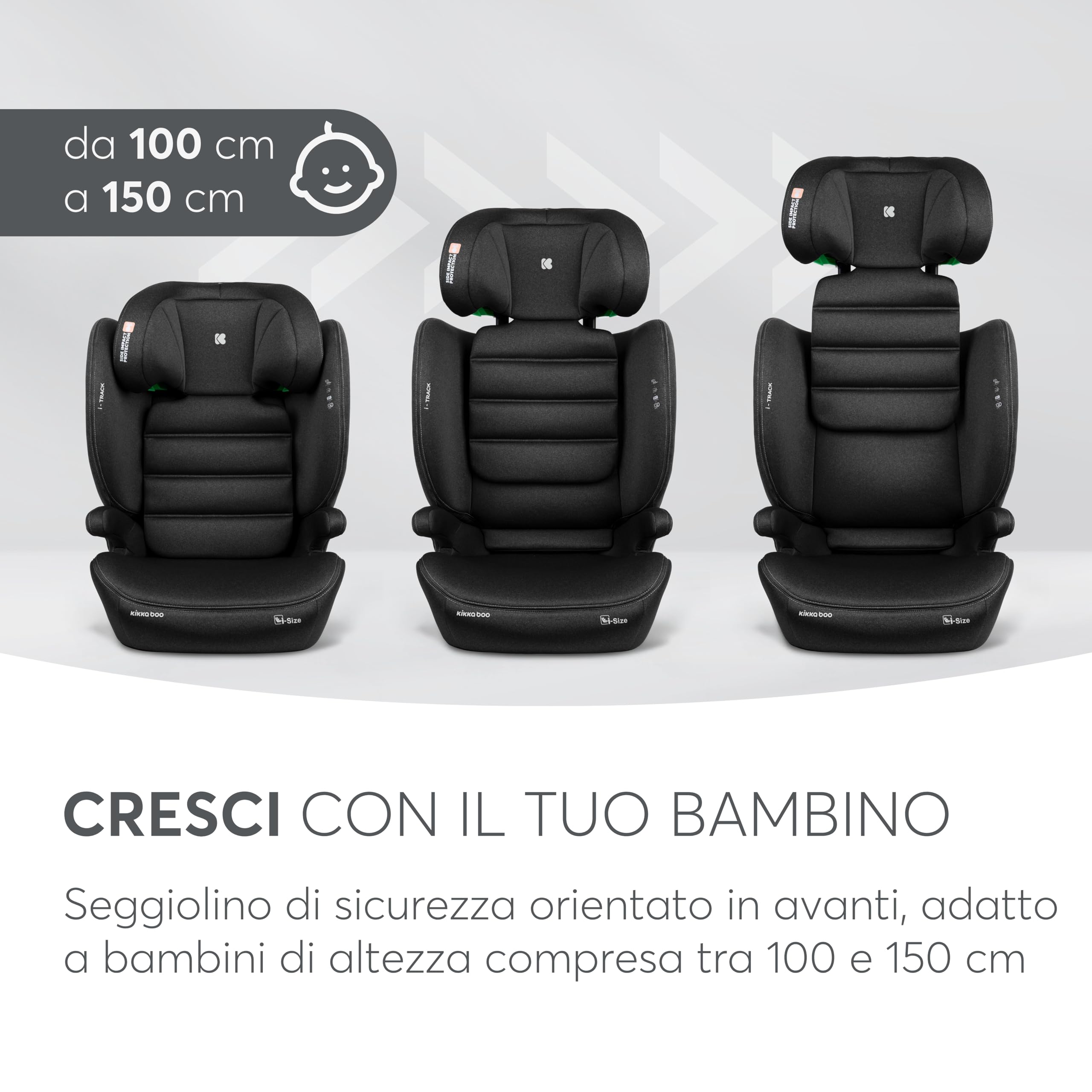 KikkaBoo Seggiolino Auto 15-36 kg ISOFIX i-TRACK, Gruppo 2-3 da 3.5 a 12 Anni, i-Size, Protezione Laterale SPS, Poggiatesta Regolabile 12 Posizioni, Nero